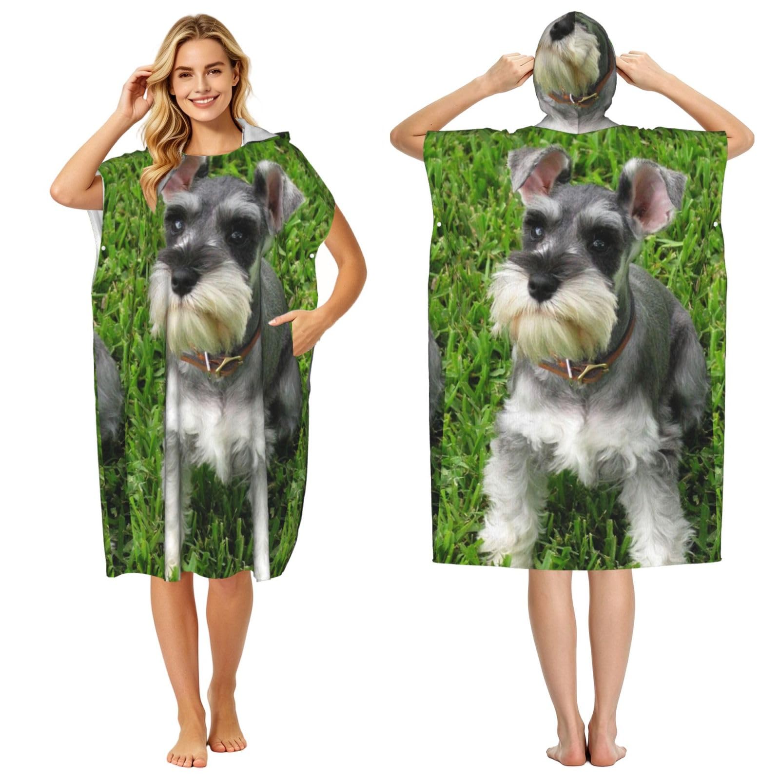 Poadnly Miniature Schnauzer, Adult Hooded Beach Towel 90 x 110 cm,Changing Bath Robe, Surf Poncho Towel For Women Men
