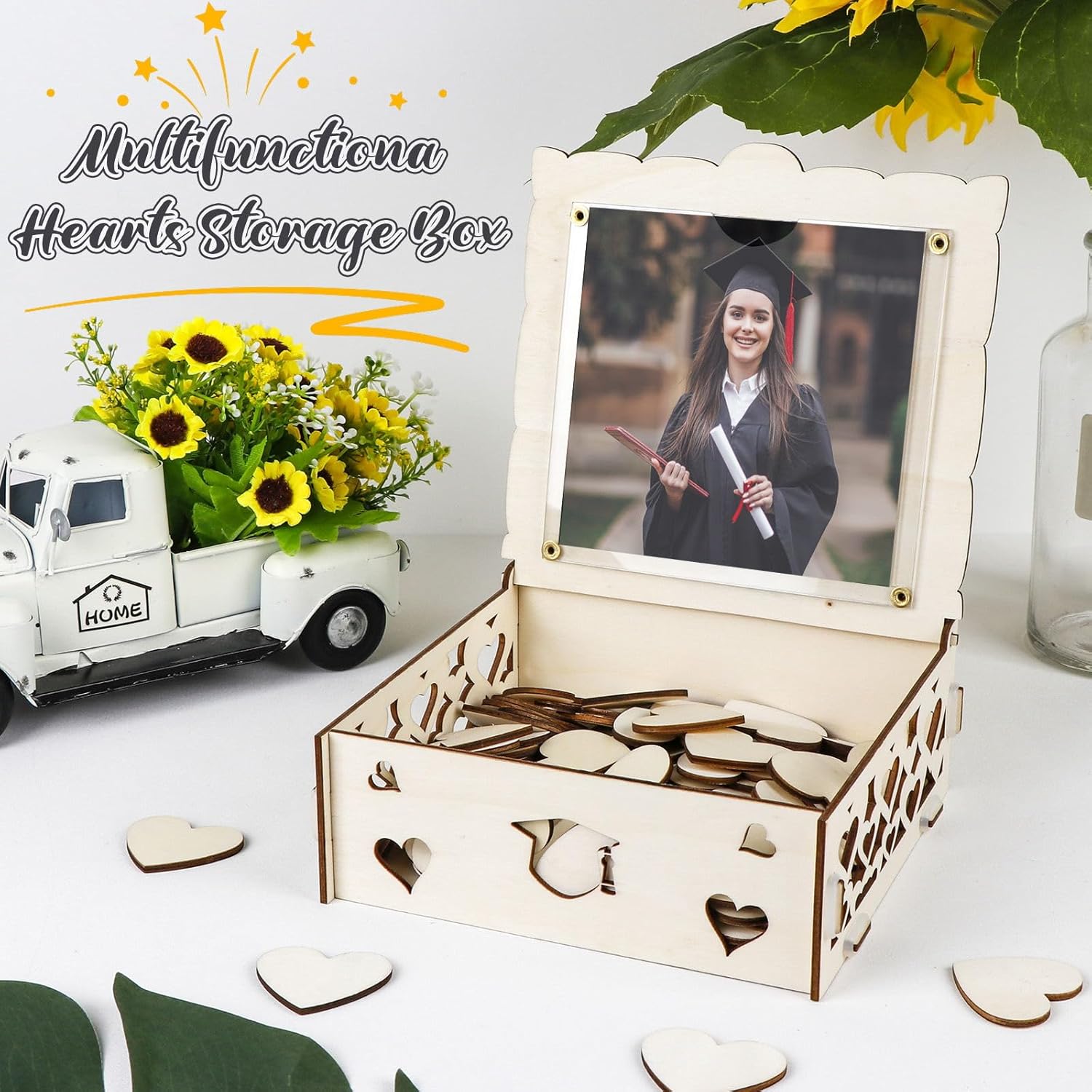 OurWarm Graduation Guest Book Alternative, Wooden Drop Top Frame Guest Book with Stand, Plywood Box, and 60 Wooden Hearts, Perfect Graduation Party Decoration for College, High School, Class of 2026