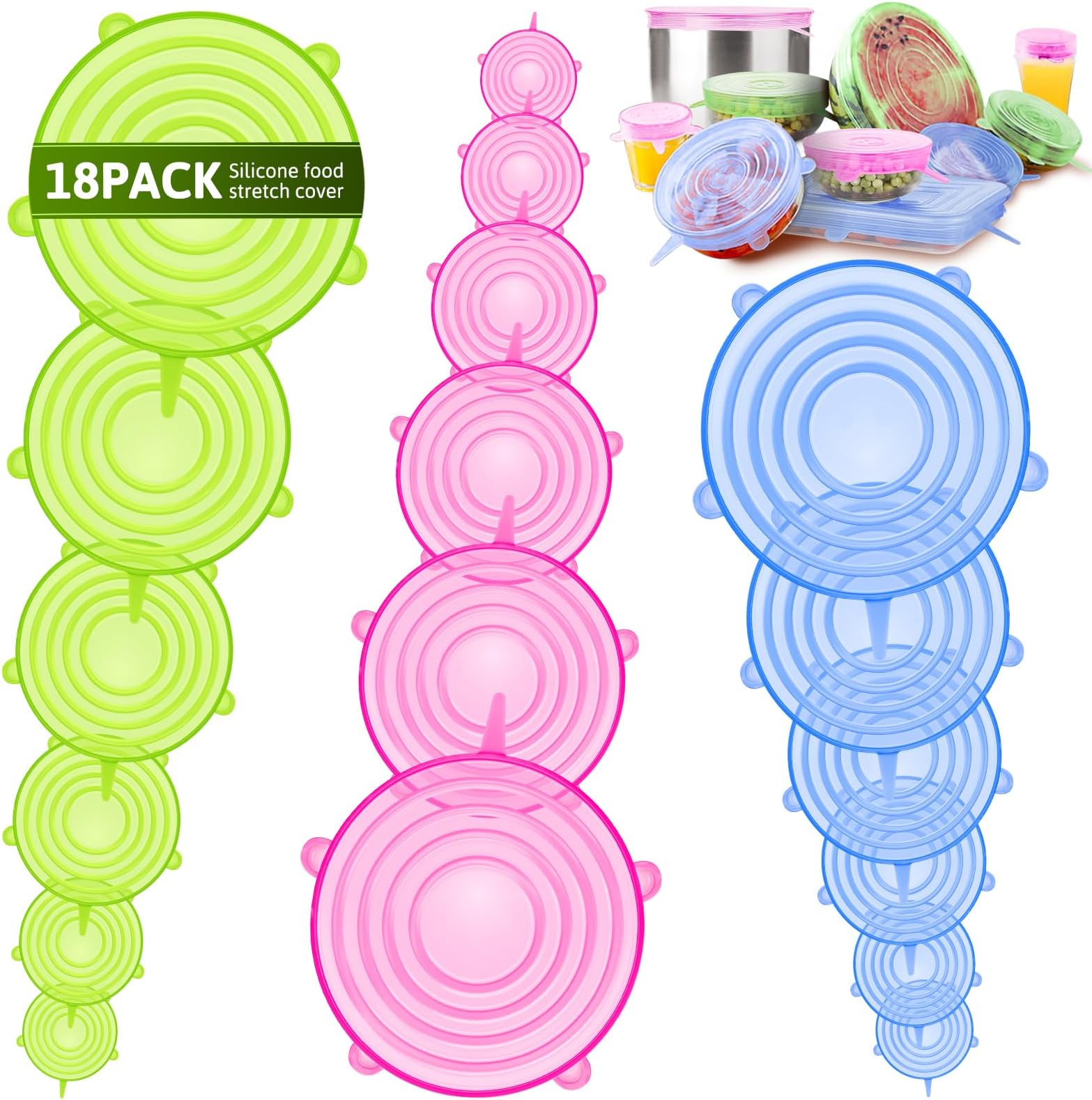 BFONS18 Pack Silicone Stretch Lids, 6 Different Sizes, 100% Safe Food Grade Silicone to Meet Most Container, Microwave Cover for Food Storage, Can/ Bowl Covers