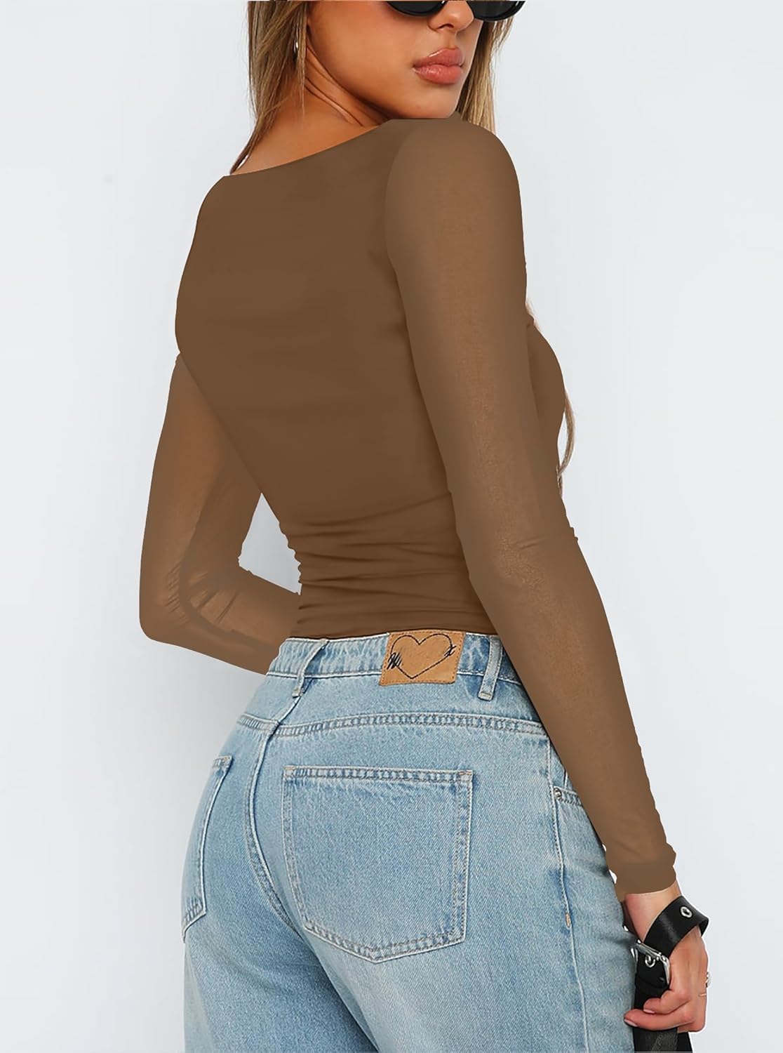 Women's Square Neck Mesh Long Sleeve Bodysuit Shirts Ruched Body Suit Leotard Tops - Image 3