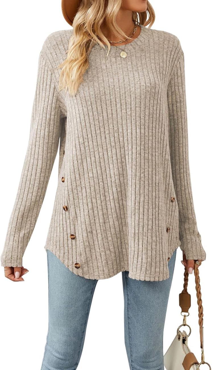 Lafural Womens Long Sleeve Tops Tunic Fall Shirts Women Sweaters Crew Neck Button