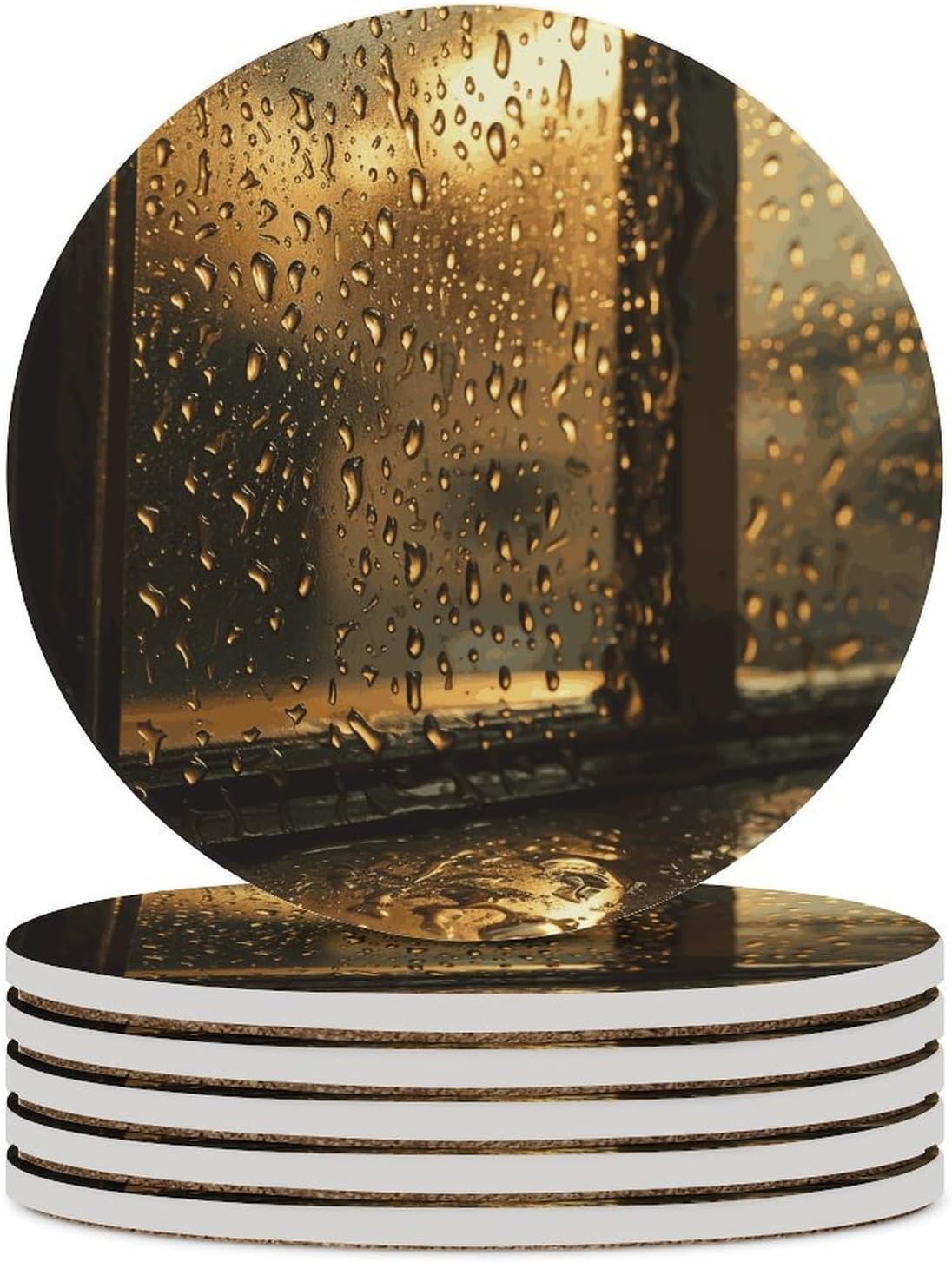 Rain Hits The Window Coasters Round Coasters Set Ceramic Stone Coaster with Cork Base Coffee Cup Beverage Cup Mat Cute Funny Table Drinks Coaster for Mugs and Cups Office Kitchen