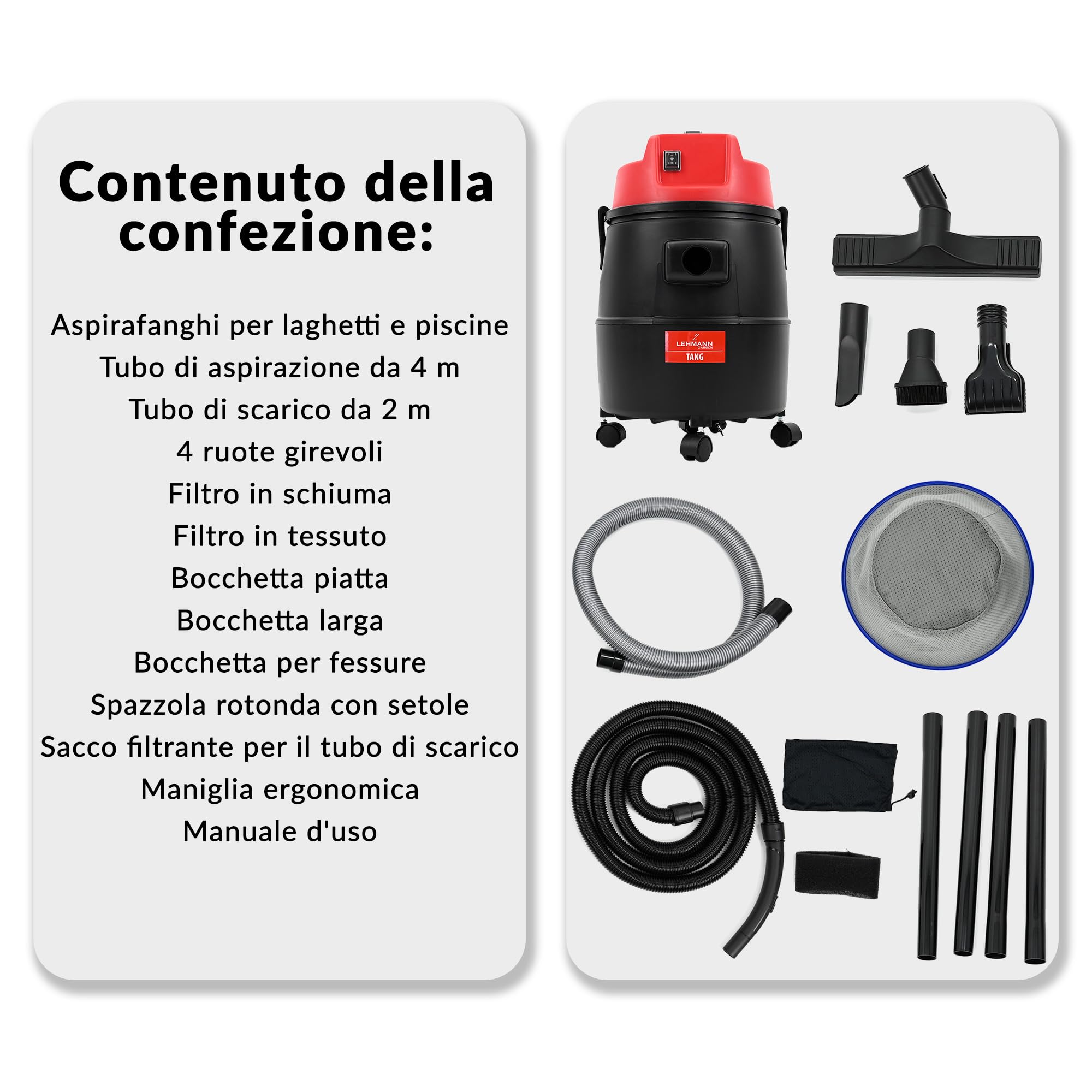 LEHMANN Aspirapolvere per Piscina 4-in-1 con Set di Ugelli, 1400 W, 30 L, Aspiratore per Laghetti e Fanghi con Funzione Soffiante, Aspira Liquidi e Solidi dalla Piscina, Accessori Inclusi