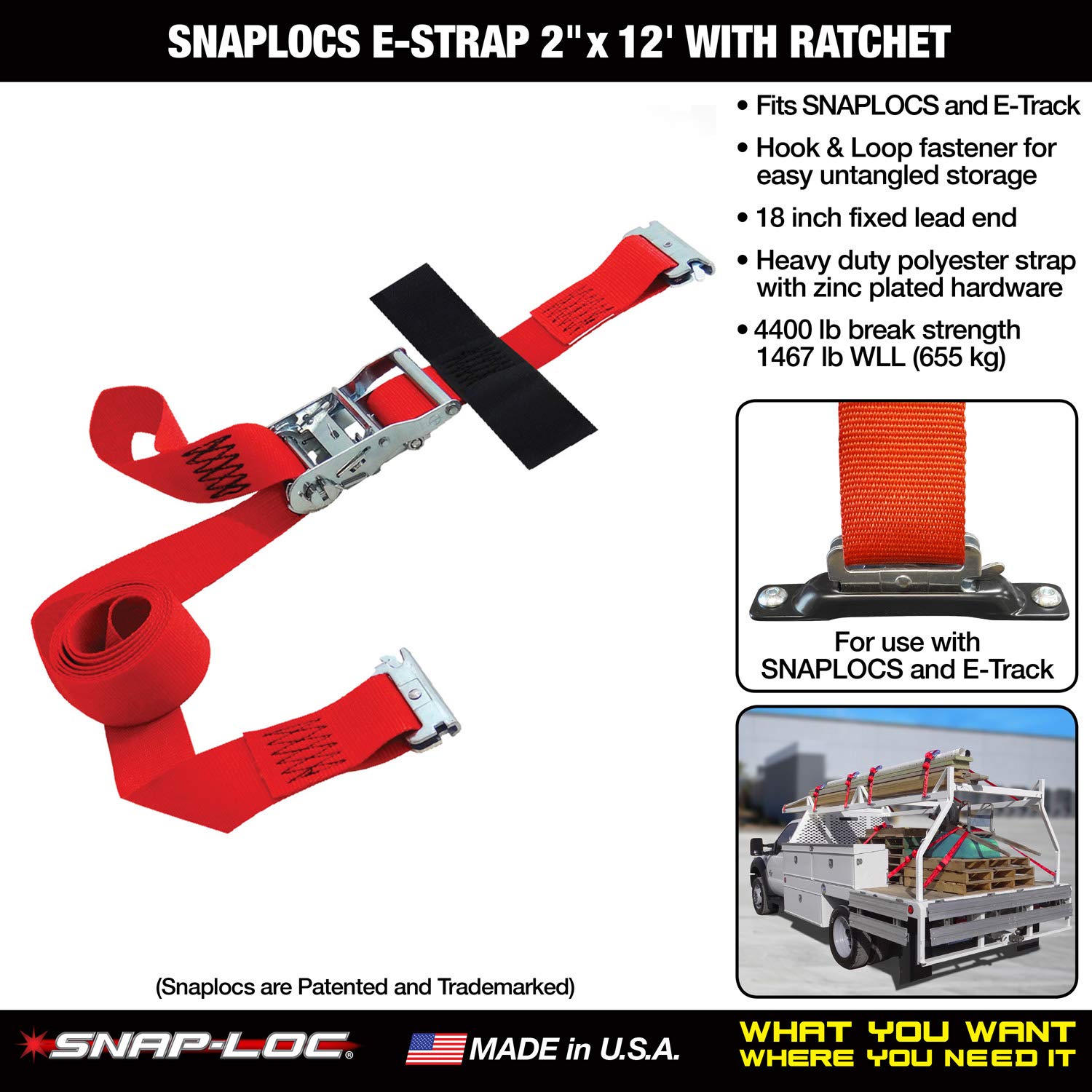 SNAP-LOC E Track Ratchet Straps with Hook & Loop Storage Fastener, Heavy Duty Polyester Construction, 2