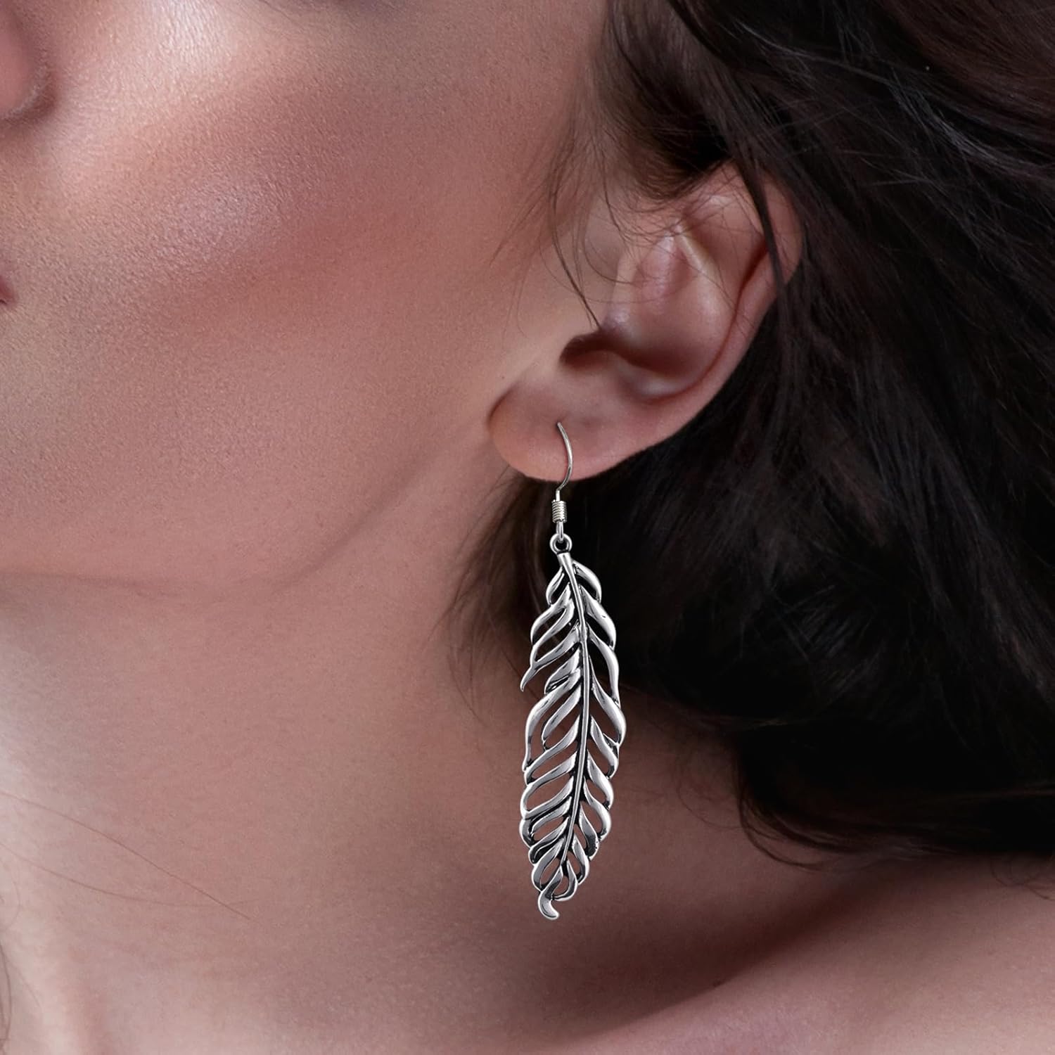 Silver Feather Leaf Drop Dangle Earrings for Women, Handmade Long Earrings Hypoallergenic Plant Earrings for Gift - Image 2