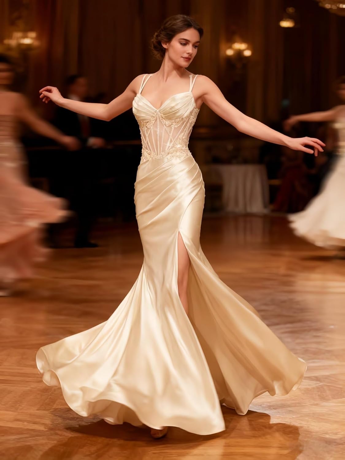 Satin Mermaid Prom Dresses with Slit Beaded Lace Appliques Spaghetti Strap Formal Gowns with Slit