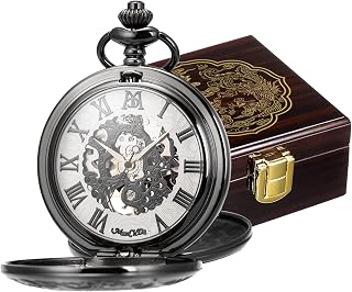 Mechanical Pocket Watch for Men Women Vintage Pocket Watch with Chain Roman Numerals Skeleton Pocket Watches with Box and Chains Gift for Son Dad Gifts for Him