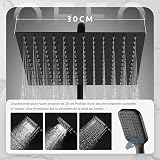 Colonna Doccia Nera Senza Miscelatore, Asta Doccia Saliscendi con Soffione Pioggia 30x30cm e Doccetta 3 Getti, Asta Doccia Regolabile in Altezza 86-120cm, Tubo Acciaio Inox Antitorsione 1.6m, Nero - 2