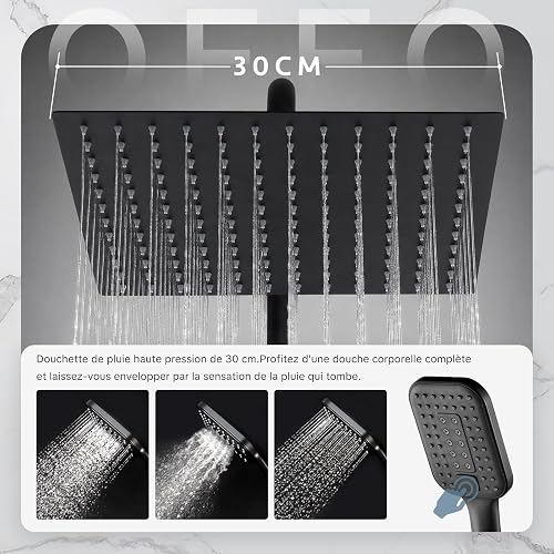 Colonna Doccia Nera Senza Miscelatore, Asta Doccia Saliscendi con Soffione Pioggia 30x30cm e Doccetta 3 Getti, Asta Doccia Regolabile in Altezza 86-120cm, Tubo Acciaio Inox Antitorsione 1.6m, Nero - 2