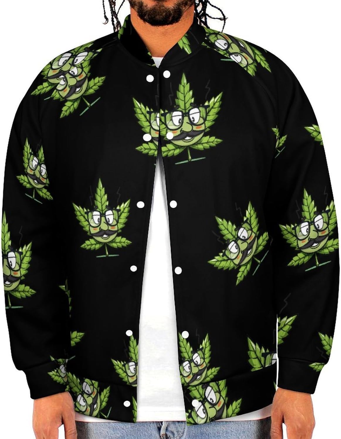 Weed Leaf Pot with Glasses Novelty Men's Baseball Jackets Causal Sweatshirt Button Top Long Sleeve Coat