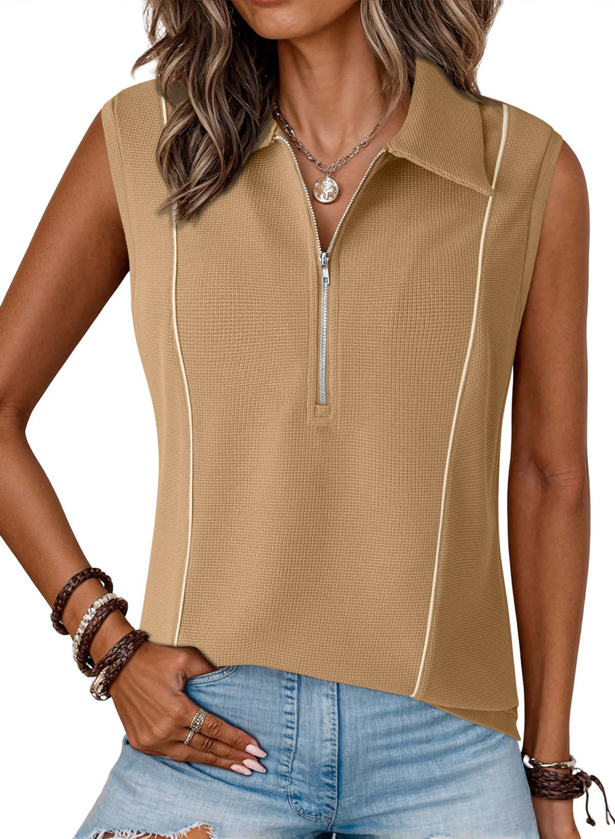 Dokotoo Women’s Summer Tops Collared Shirts V Neck Tank Top with Zipper Casual Dressy Sleeveless Quick Dry Waffle Knit