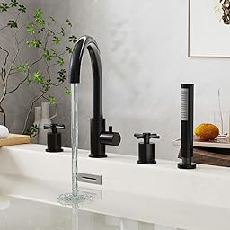 NBYTLT Brass Roman Tub Faucets with Hand Shower, Bathtub Faucet, 2 Cross Handles 4-Hole Bathtub Faucet, Deck Mount Bathroom Faucet, Matte Black