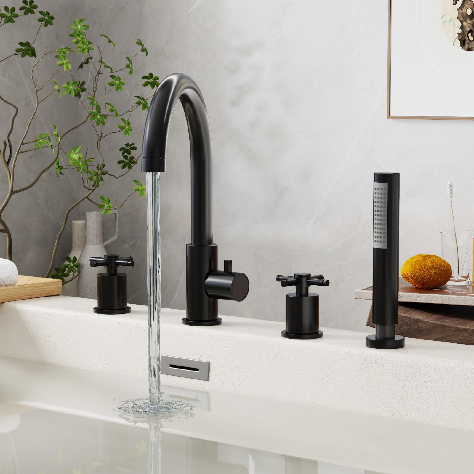 Brass Roman Tub Faucets with Hand Shower, Bathtub Faucet, 2 Cross Handles 4-Hole Bathtub Faucet, Deck Mount Bathroom Faucet, Matte Black