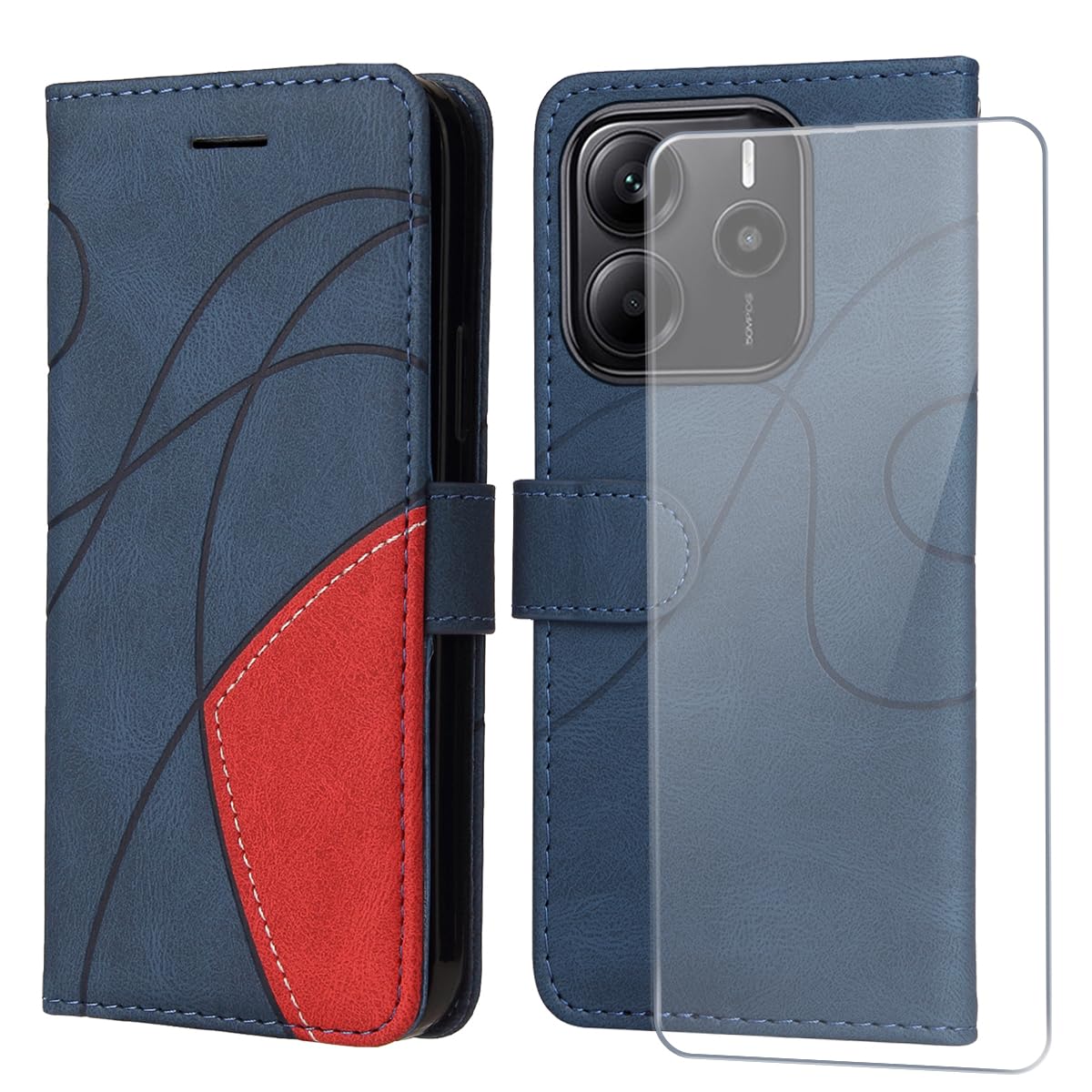 Cover Portafoglio In Pelle PU Per Xiaomi Redmi Note 14 4G Con Vetro Temperato | Blu | 3 Slot Carte E Supporto