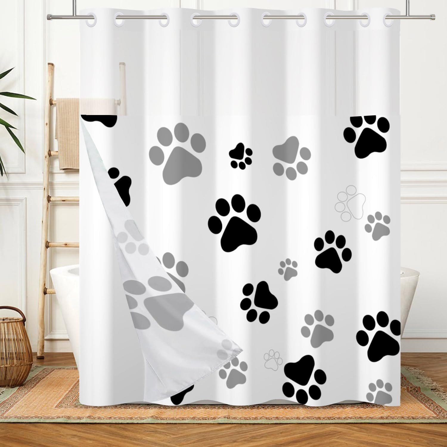 Funny Dog No Hook Shower Curtain with Snap in Liner Cute Cat Claw Shower Curtain with Liner Hotel Black and White Gray Modern Shower Curtains for Bathroom Kids Double Fabric Washable 71x74 Inch