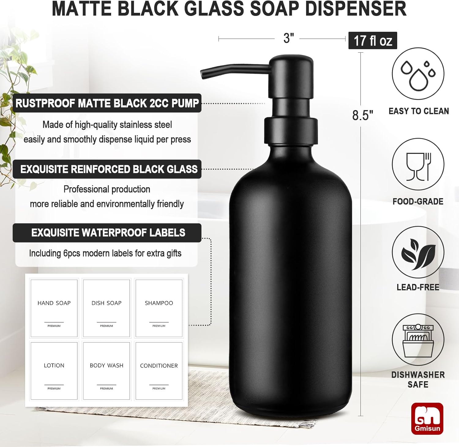 GMISUN Black Soap Dispenser, 2 Pack Matte Black Hand Soap Dispensers for Bathroom, 17 Fl Oz Glass Dish Soap Dispensers for Kitchen with Stainless Steel Pump, Modern Liquid Soap Bottle - Image 3