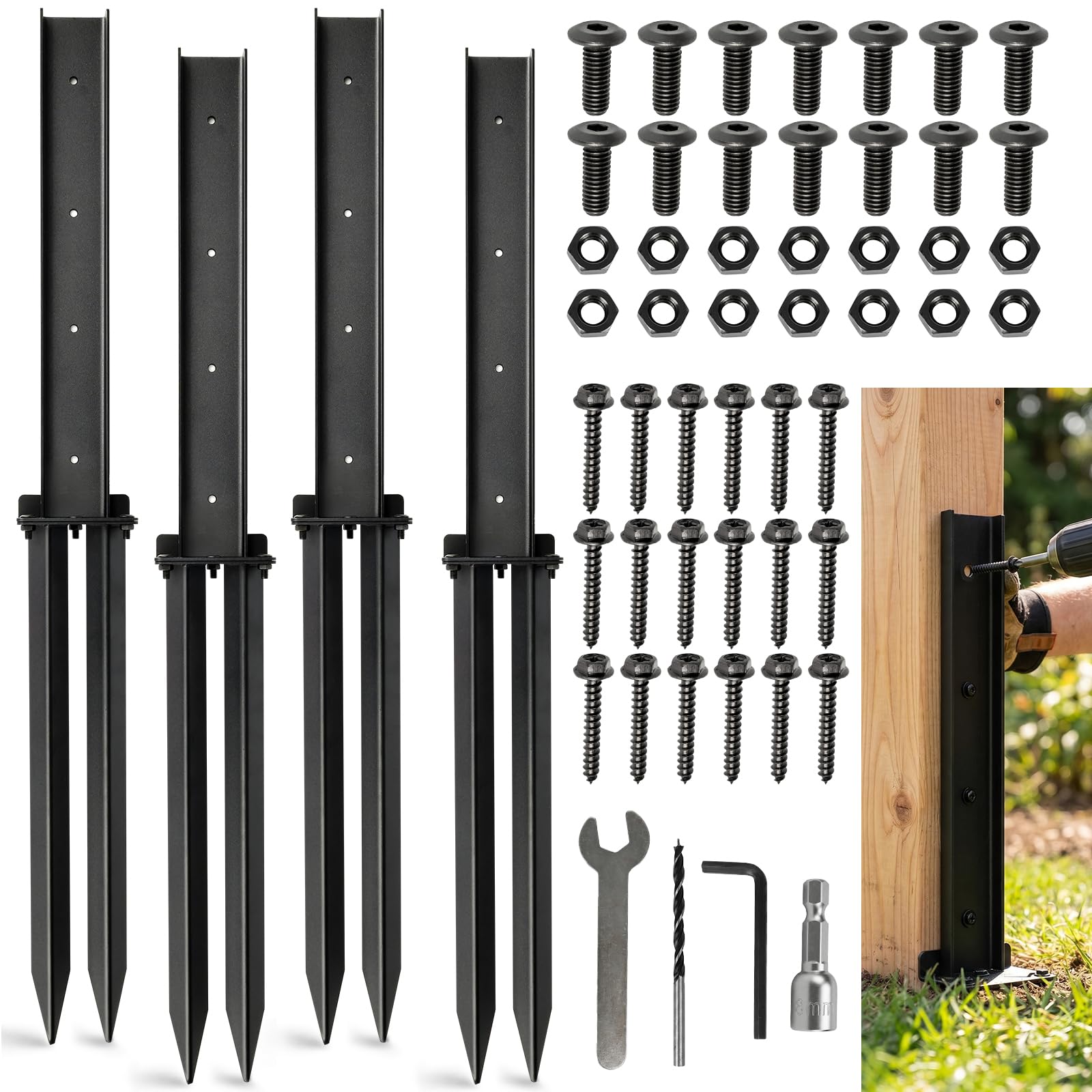 Kit de reparación de vallas, estacas de reparación de postes de valla de acero resistente, estaca de soporte de acero para postes de madera inclinados y rotos, estaca de anclaje de fijación resistente
