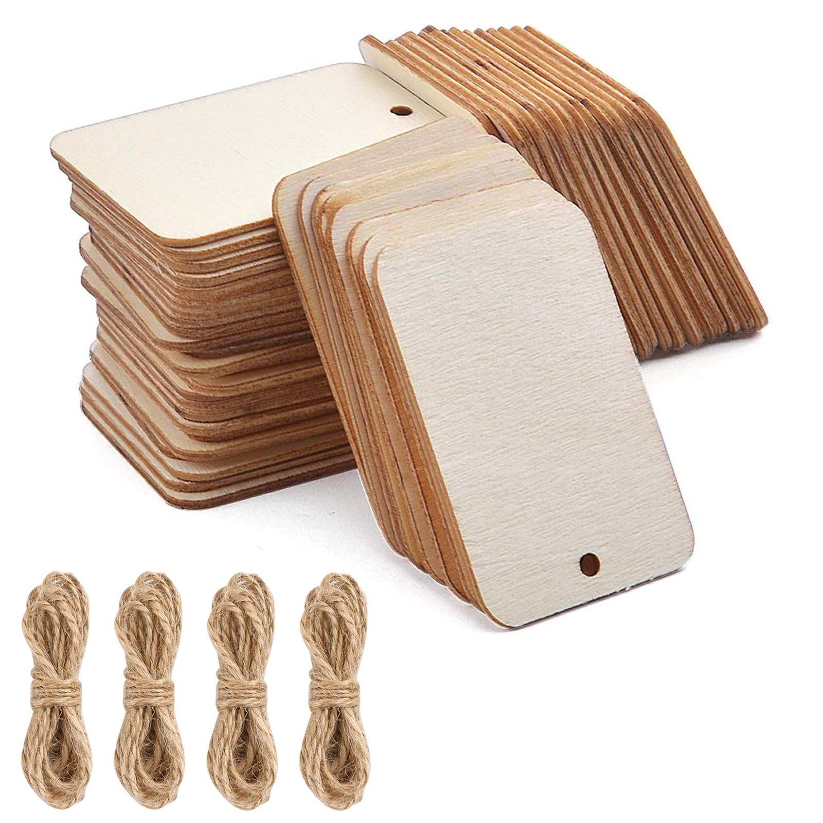 Unfinished Blank Wood, 100Pcs Wooden Tags with Hole, 52 x 34 x 1,5 mm Wooden Hanging Label with Hole, with 4 Jute String, Rectangle Gift Tags Blank Slices, for DIY Crafts Wedding Christmas