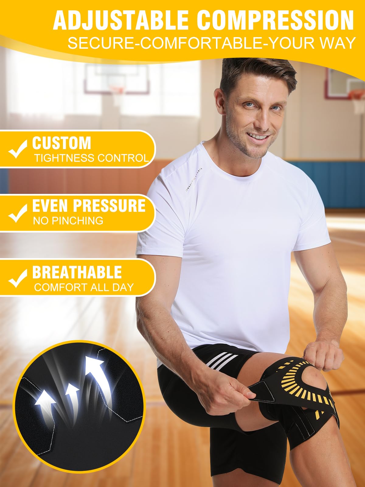 Quick-Wrap – Lot de 2 genouillères réglables pour homme et femme avec 4 stabilisateurs à ressort en métal, rotule ouverte, sangles en X, compression respirante pour la course, la gym, le