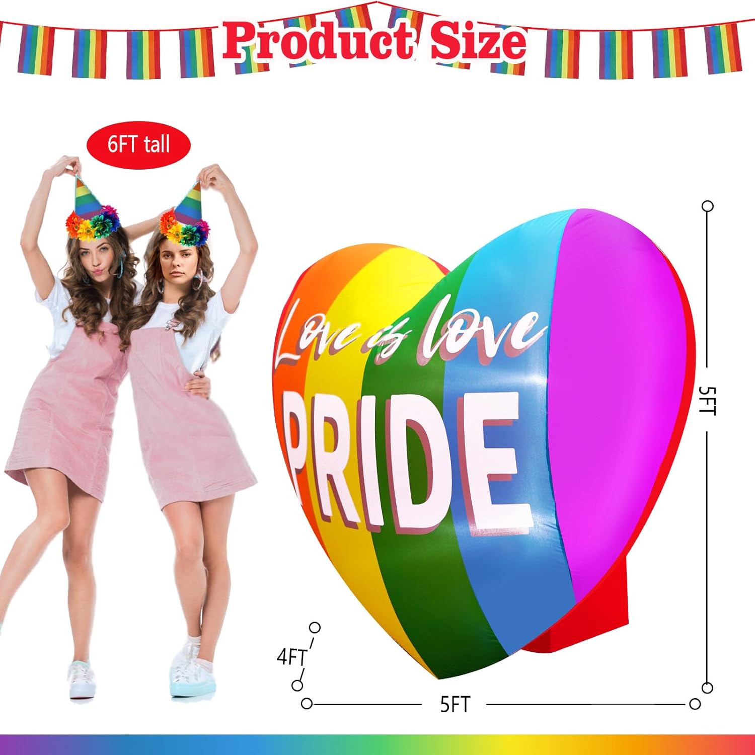 5FT Pride Month Rainbow Inflatable Heart, LGBTQIA Blow up Yard Flag Rainbow Party Decoration for Community Support Pride Month Wedding Indoor Outdoor