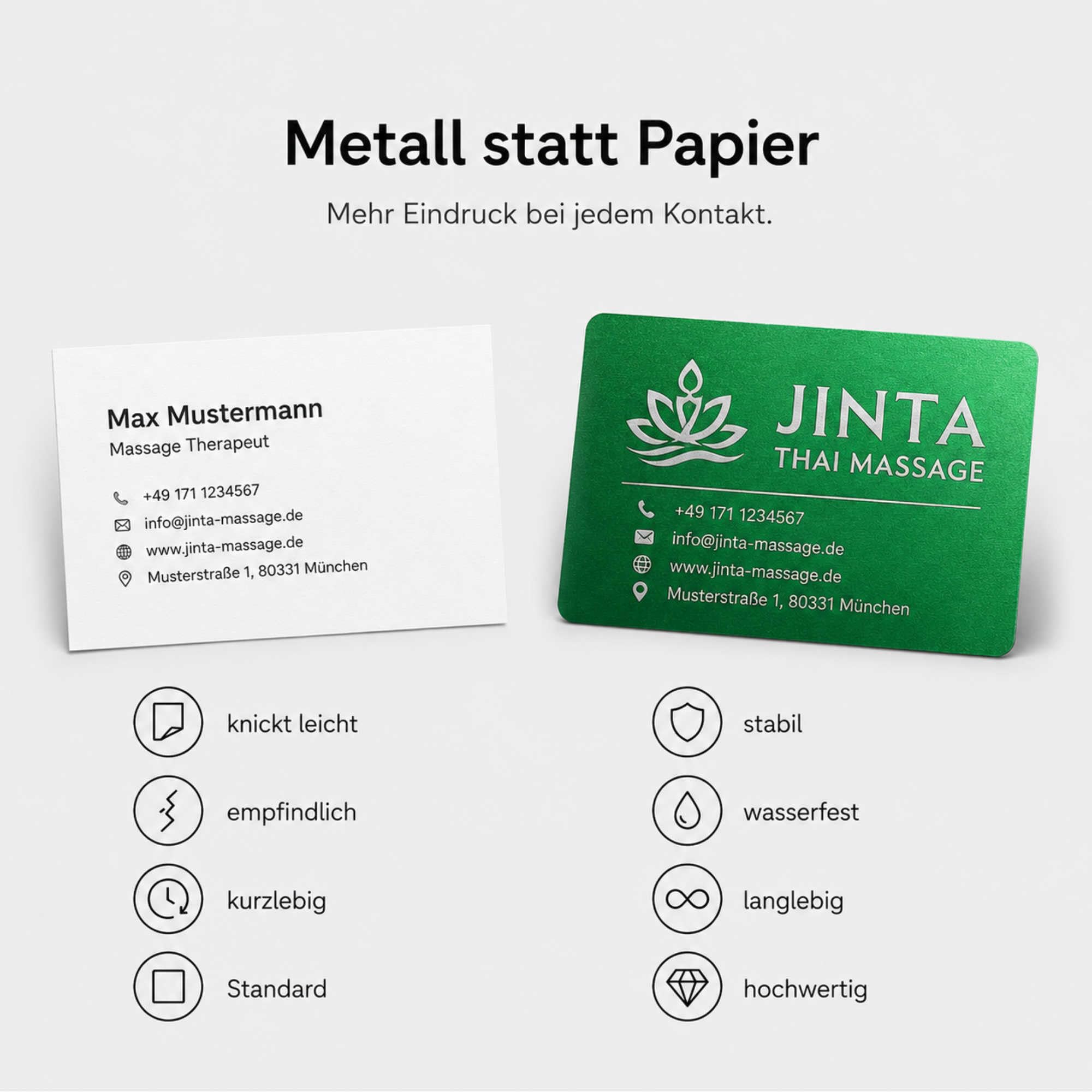Visitenkarten erstellen - 100 personalisierte Aluminium Metall-Visitenkarten in grün, 85 x 54 mm, mit Logo, Text oder QR Code, beidseitige Lasergravur