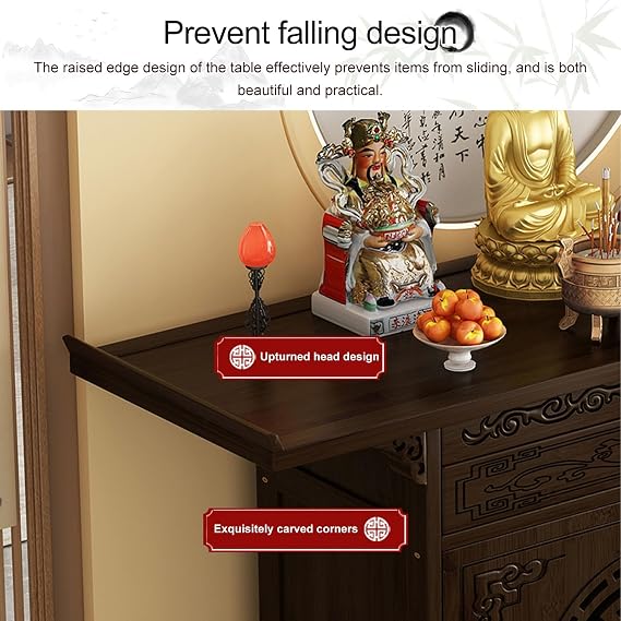 Altar Table With Storage Bamboo Cabinet, Meditation Shrine Altar Shelf With Pull-Out Offering Tray, Vintage Carved Temple For Rituals, Home Worship Pooja Mandir Prayer Stand