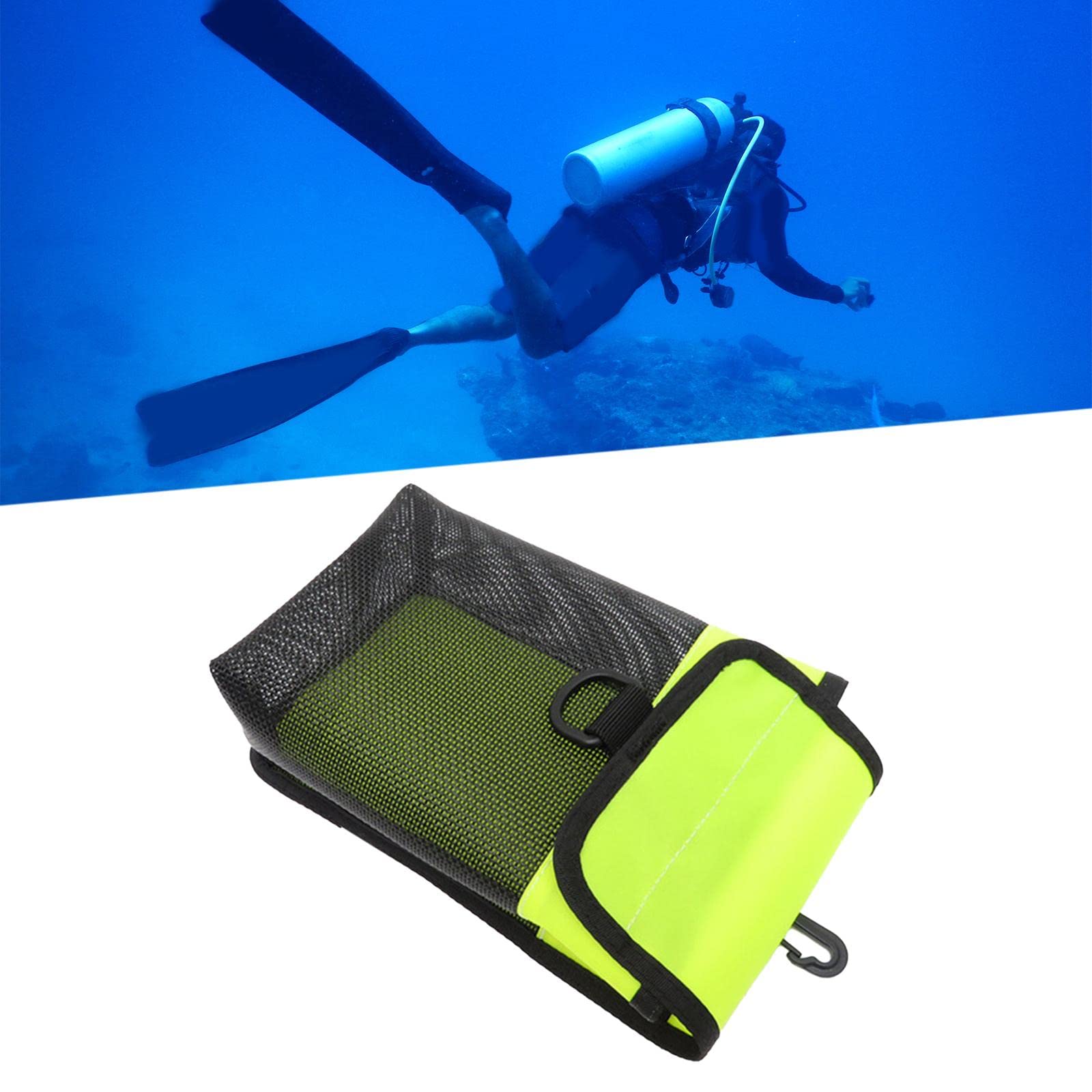 UGPLM Scuba Diving Gear Storage Bag, Nylon Dive Bag Mesh Pocket, Finger Spool Reel Pouch with Swivel Clip, Fluorescent Yellow, Small Mesh