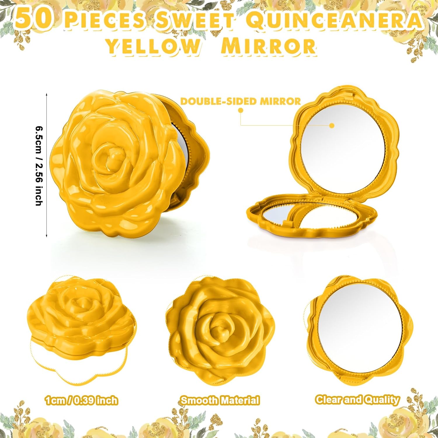 Wenqik 50 Sets Quinceanera Party Favors for Guests Rose Design Compact Pocket Mirrors Quinceanera Cards Thank You Gift and Organza Bags Birthday Party Favor (Gold) Gold 50
