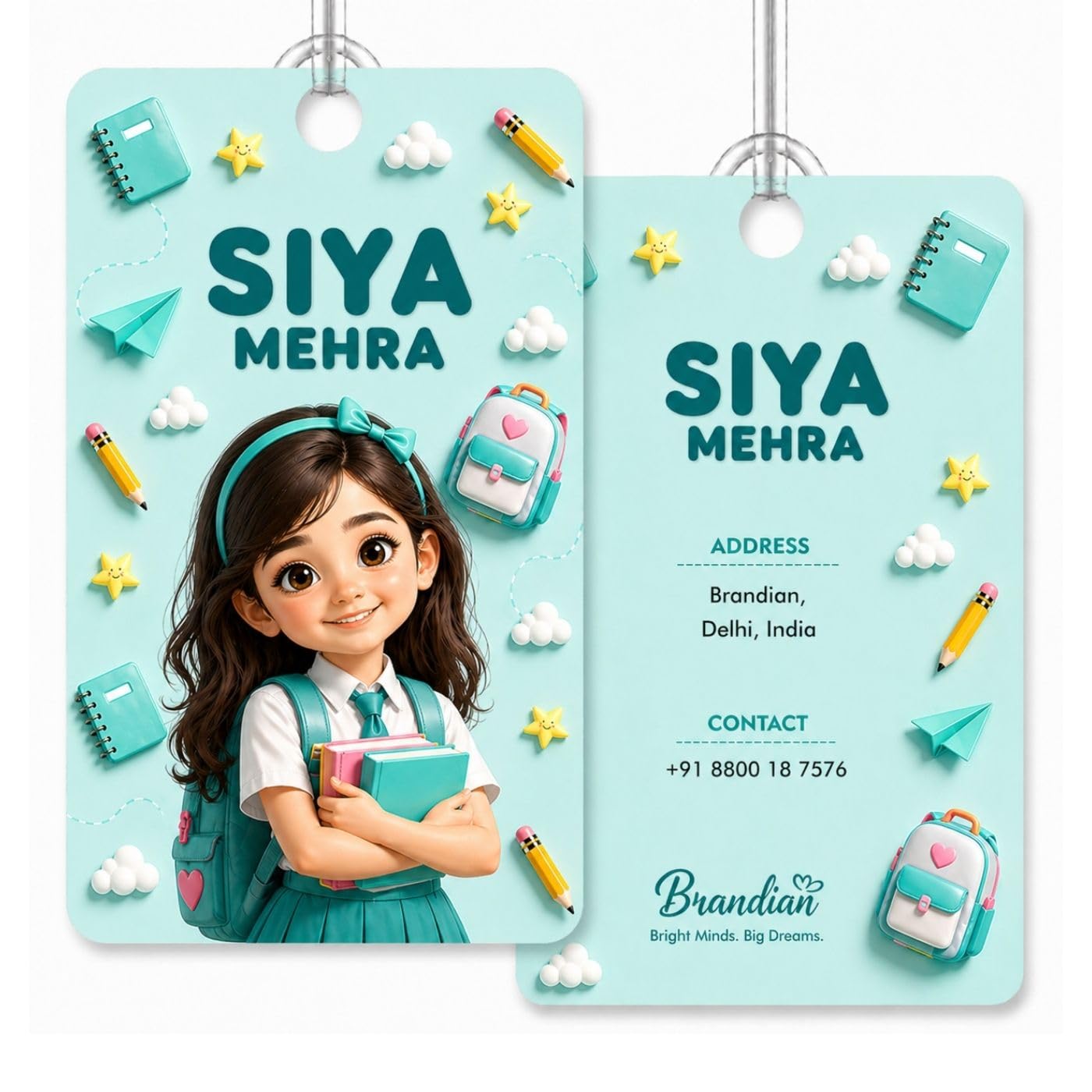(Pack of 2) Brandian Personalized Bag Tags for Kids – Sea Green Theme | Custom Name, Photo & Contact Info | School Bag, Travel, Luggage, Backpack ID Labels | Durable with Silicone Loop-image-23