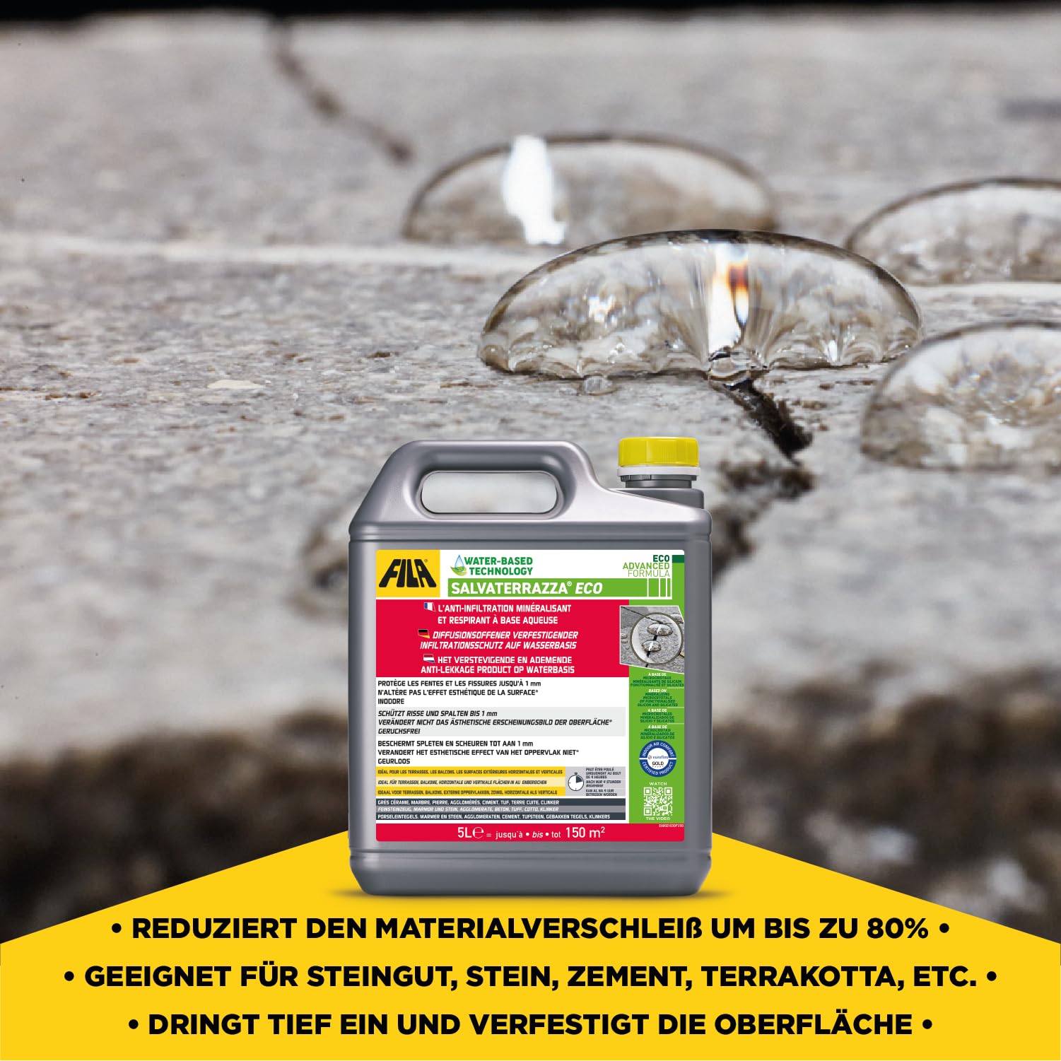 FILA Surface Care Solutions, SALVATERRAZZA ECO, Transparente Wasserdichter Beschichtungsmittel fur Terrassen Fliesen auf Wasserbasis, Konsolidierungseffekt, Auslaufsicher bei Rissen bis zu 1mm, 5L