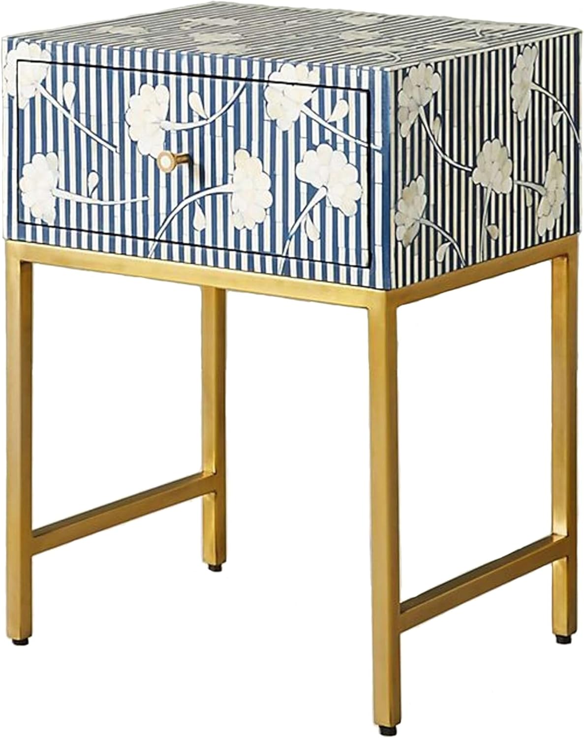 Hansa Handmade Bone Inlay Bedside Table Geometrical Pattern Nightstand End Table Furniture for Home Décor
