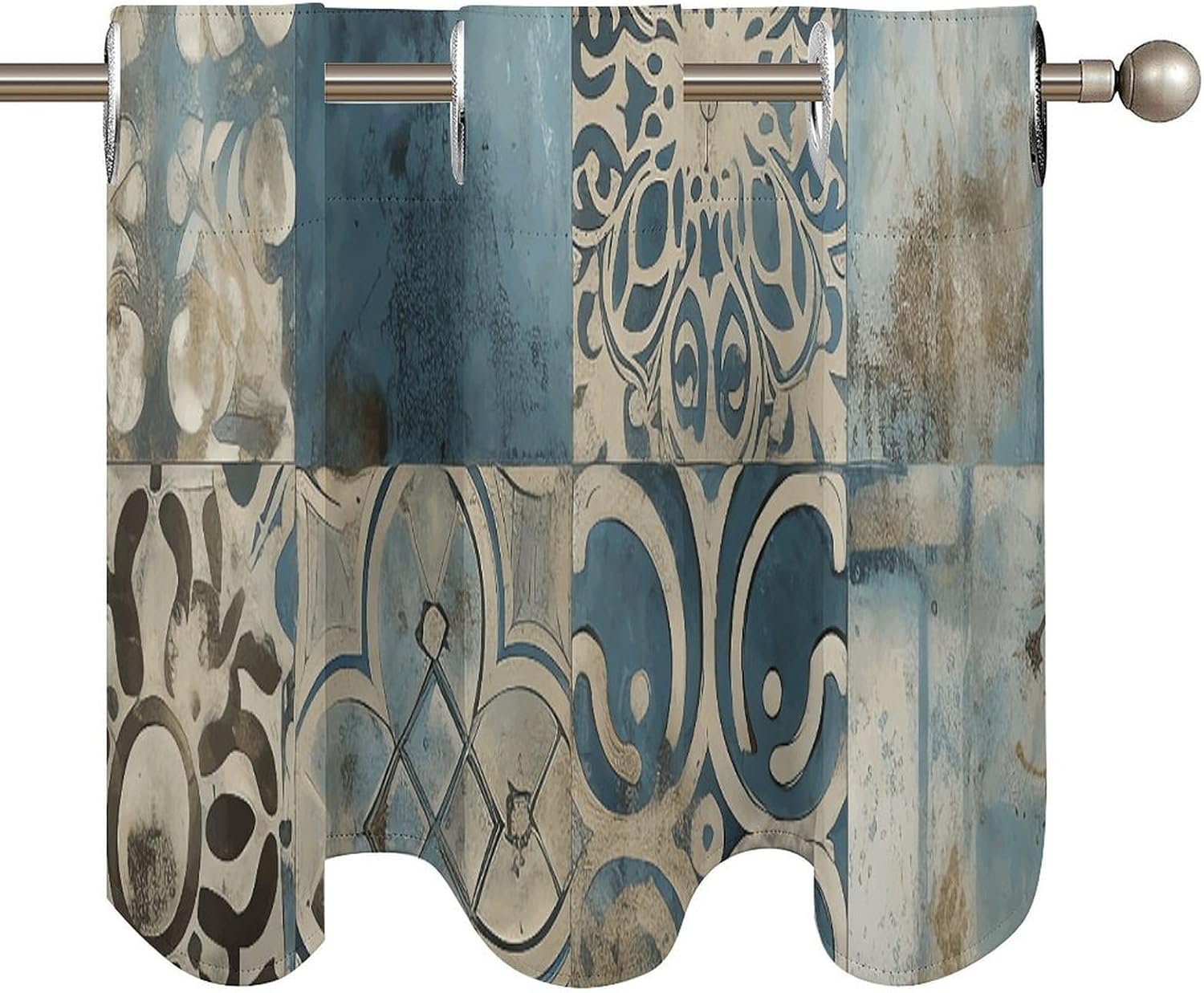 Blue Retro Pattern Valance for Windows, 2 Pack Kitchen Curtains Modern Home Decor, Soft Blackout Window Curtains for Living Room & Bedroom, 18 X 52 Inch