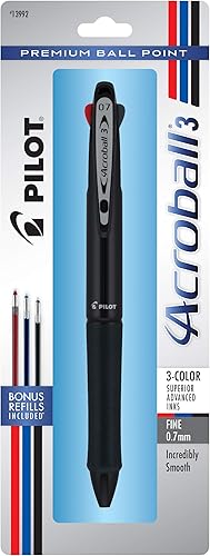 PILOT Acroball 3 Premium - Bolígrafo de tinta avanzada multifunción, punta fina, tinta negra/azul/roja, barril negro, bolígrafo individual (13992)