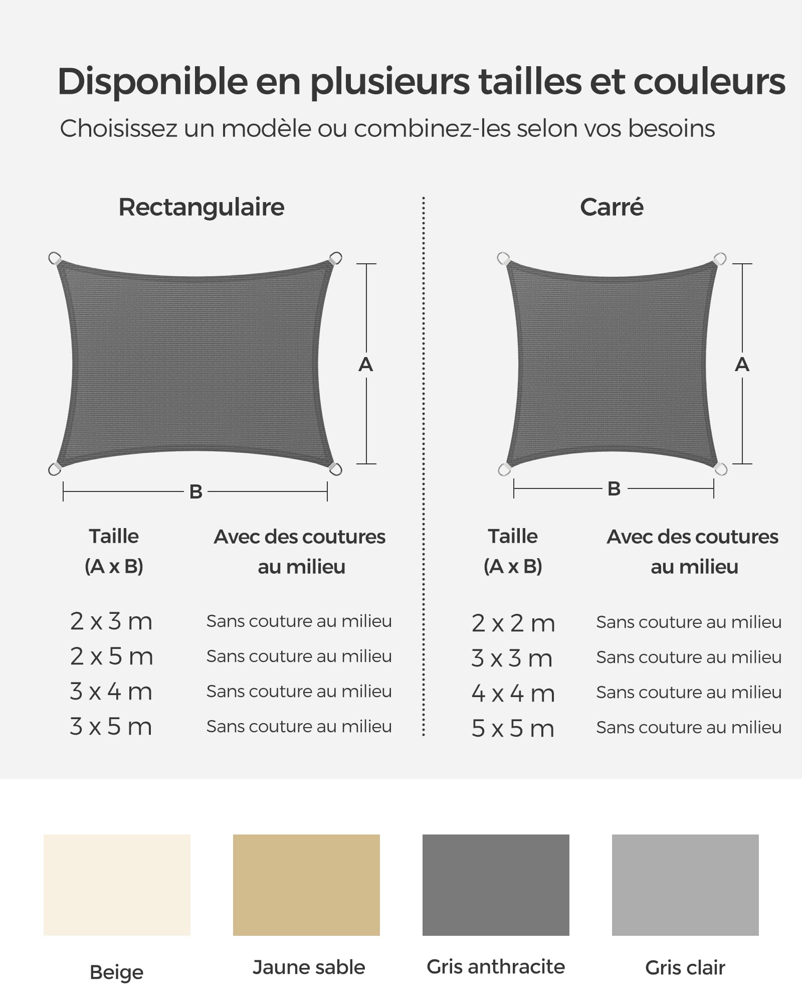 SONGMICS Voile d’Ombrage 4 x 4 m, Protection Solaire en Tissu HDPE, Respirant, Perméable à l’Eau, pour Terrasse, Jardin, Balcon, Camping, Carré, Concave, Cordes de 2 m, Gris Anthracite GSS44GY