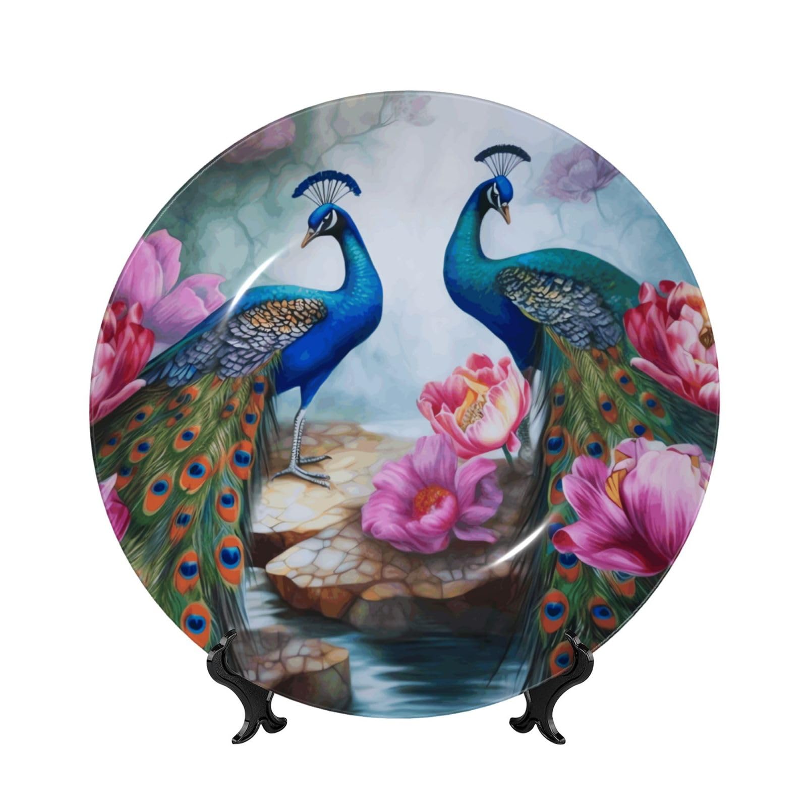 Magnifique assiette décorative en porcelaine anglaise avec image de paons et de lotus - Assiettes à dîner personnalisées en porcelaine avec support de présentation - Assiette décorative en