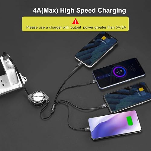 Miniatura 4 de Paquete de 2 cables de carga múltiple, 4 en 1 cable de carga retráctil de 5 pies, cable de carga múltiple, cable USB retráctil con puertos IP/tipo