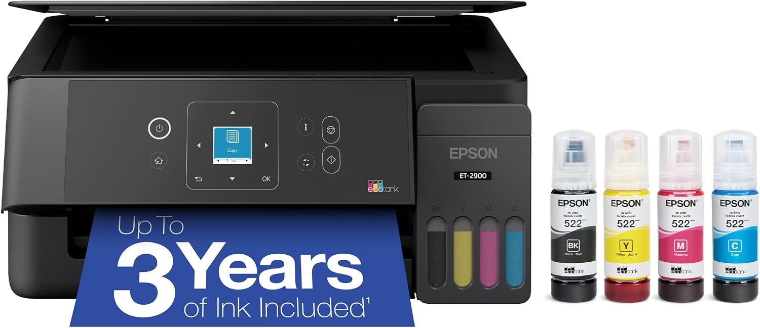Epson EcoTank ET-2900 Wireless All-in-One Color Supertank Printer with up to 3 Years of Ink, Refillable Tanks, Perfect for Home, 11 PPM, 1.44" Color Screen, Built-in Scanner – Black