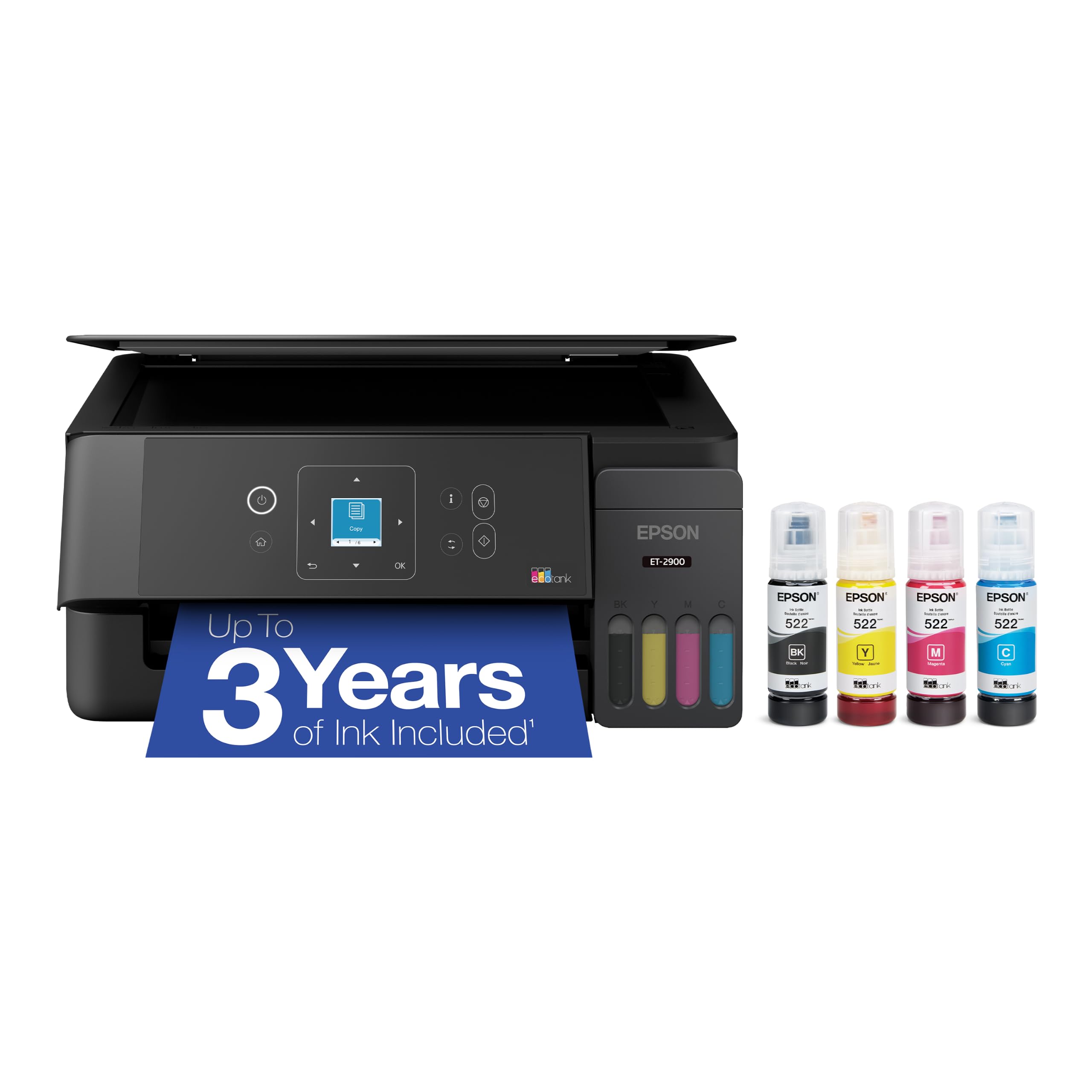 Epson EcoTank ET-2900 Wireless All-in-One Color Supertank Printer with up to 3 Years of Ink, Refillable Tanks, Perfect for Home, 11 PPM, 1.44" Color Screen, Built-in Scanner – Black