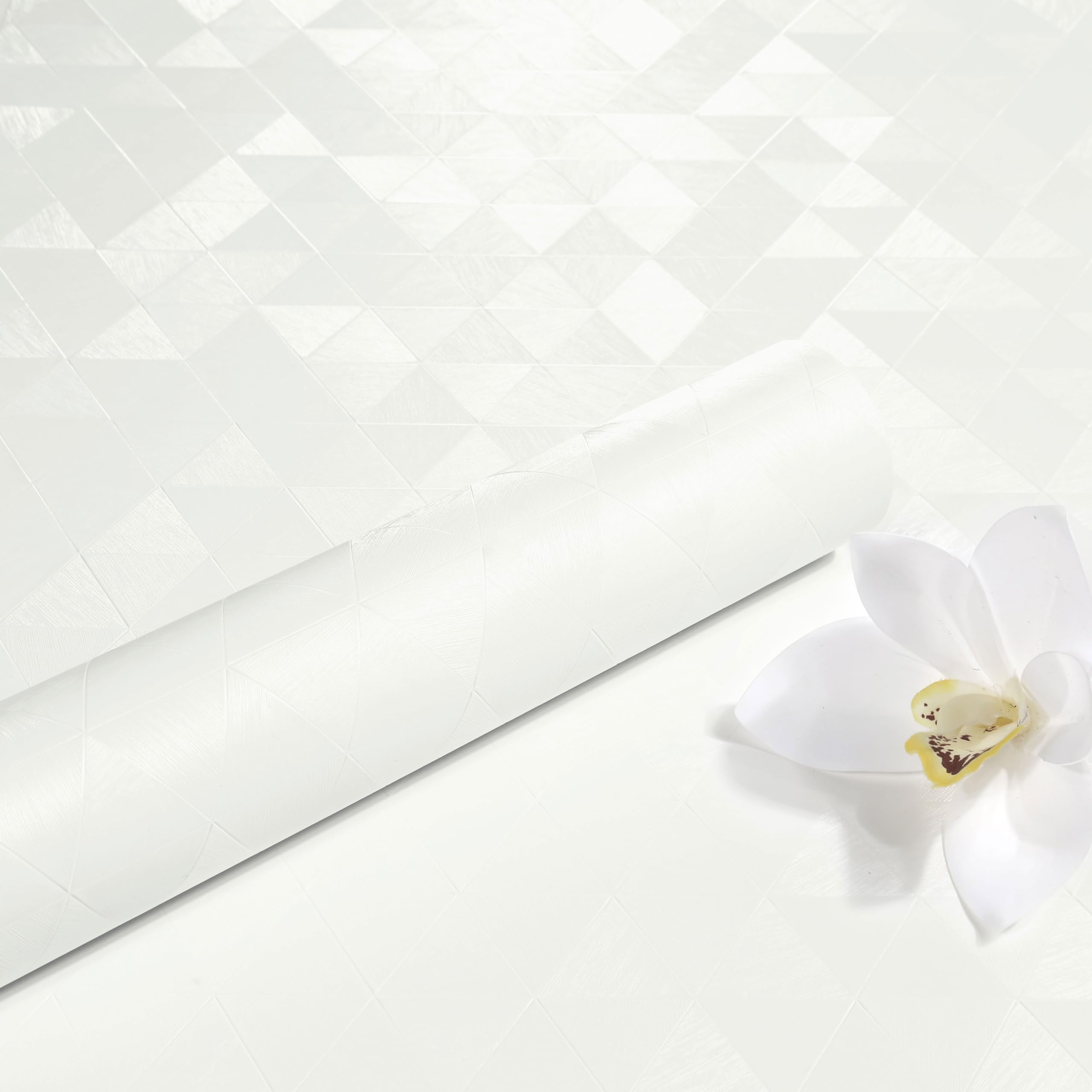 ReWallpaper Self Adhesive Wallpaper White Geometric Triangle Vinyl Wrap for Furniture Cabinets Worktop White Faux Brushed Textured Wallpaper for Bedroom Living Room Modern 40CMx3M