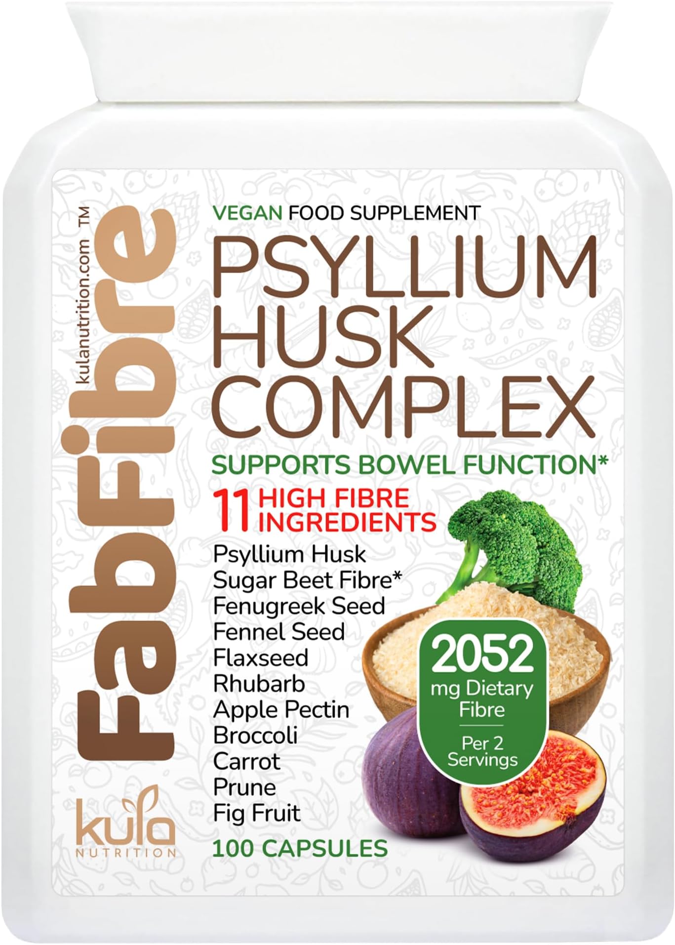 FabFibre - Psyllium Husk Complex - Dietary Fibre Supplement - 11 High Fiber Insoluble and Soluble Foods - Rhubarb, Broccoli, Flaxseed, Apple Pectin - Normal Bowel Function Support - 100 Vegan Capsules
