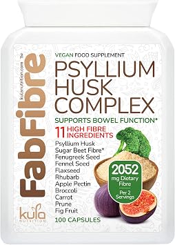 FabFibre - Psyllium Husk Complex - Dietary Fibre Supplement - 11 High Fiber Insoluble and Soluble Foods - Rhubarb, Broccoli, Flaxseed, Apple Pectin - Normal Bowel Function Support - 100 Vegan Capsules
