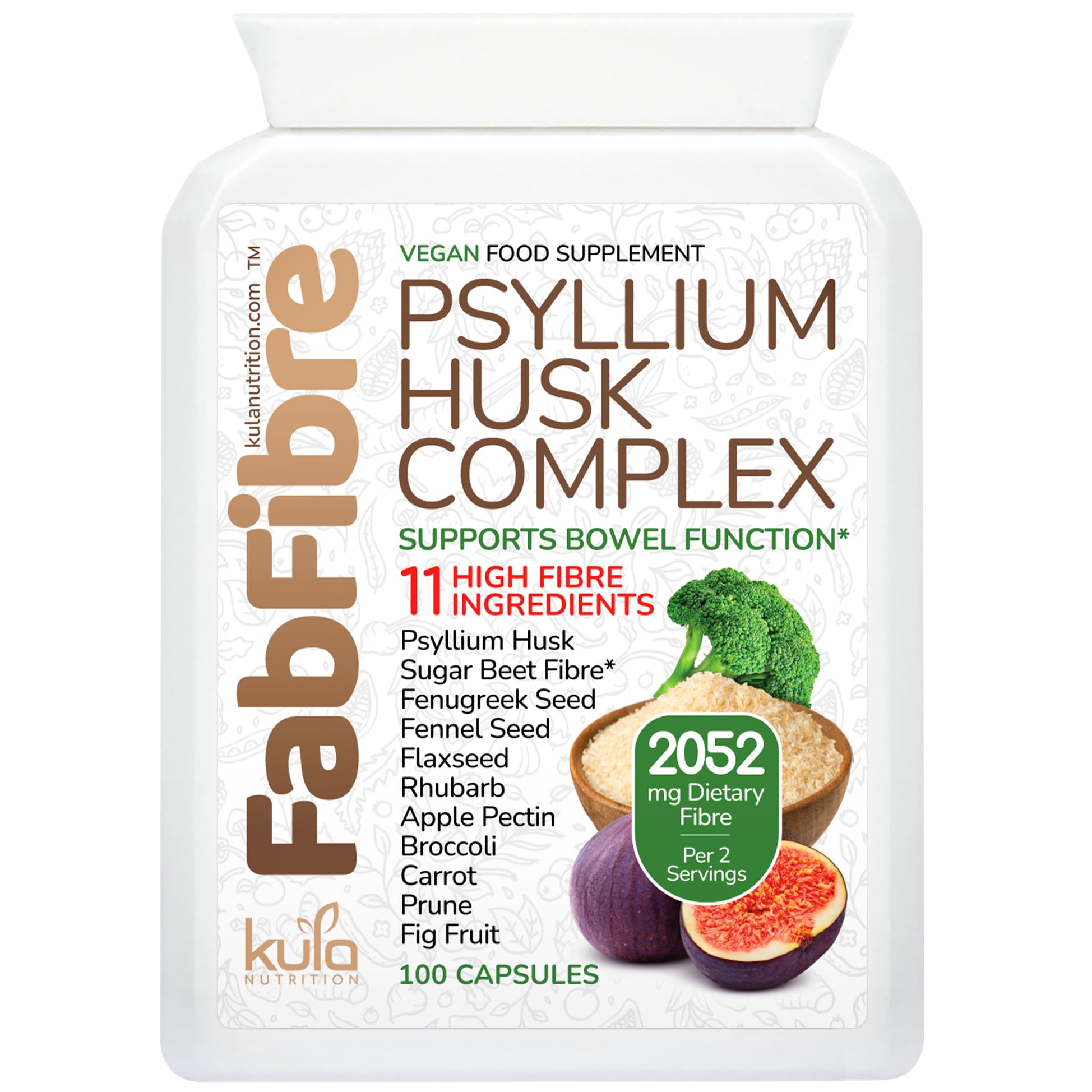 – FabFibre - Psyllium Husk Complex - Dietary Fibre Supplement - 11 High Fiber Insoluble and Soluble Foods - Rhubarb, Broccoli, Flaxseed, Apple Pectin - Normal Bowel Function Support - 100 Vegan Capsules