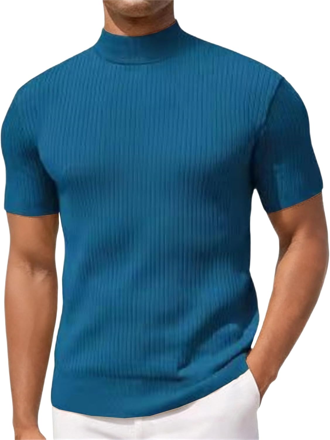 Men's Basic Turtleneck Short Sleeve Soft Sweater Ribbed Man Pullover Tshirt High Neck Rib Male Summer Tee