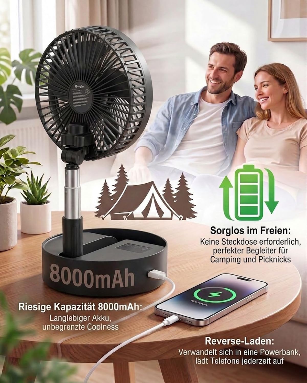 Leise 8" Tragbarer Standventilator mit Fernbedienung, 8000mAh Akku Aufladbar USB C Tischventilator, 5 Geschwindigkeitsstufen, 90°/120°-Oszillation, 1–8-Stunden-Timer, für Schlafzimmer(Schwarz)