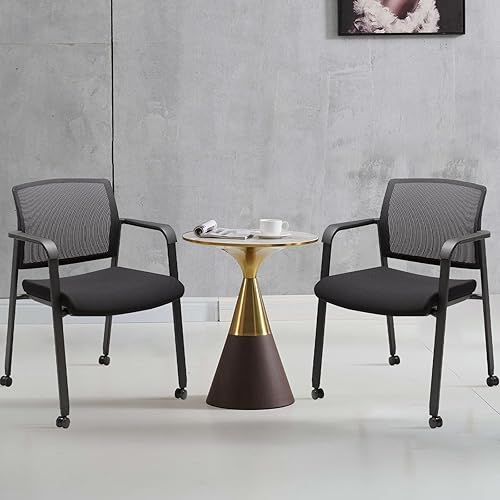 Miniatura 8 de CLATINA Silla de sala de espera negra con ruedas y respaldo de malla apilable con asiento de tela tapizado y soporte lumbar ergonómico para oficina,