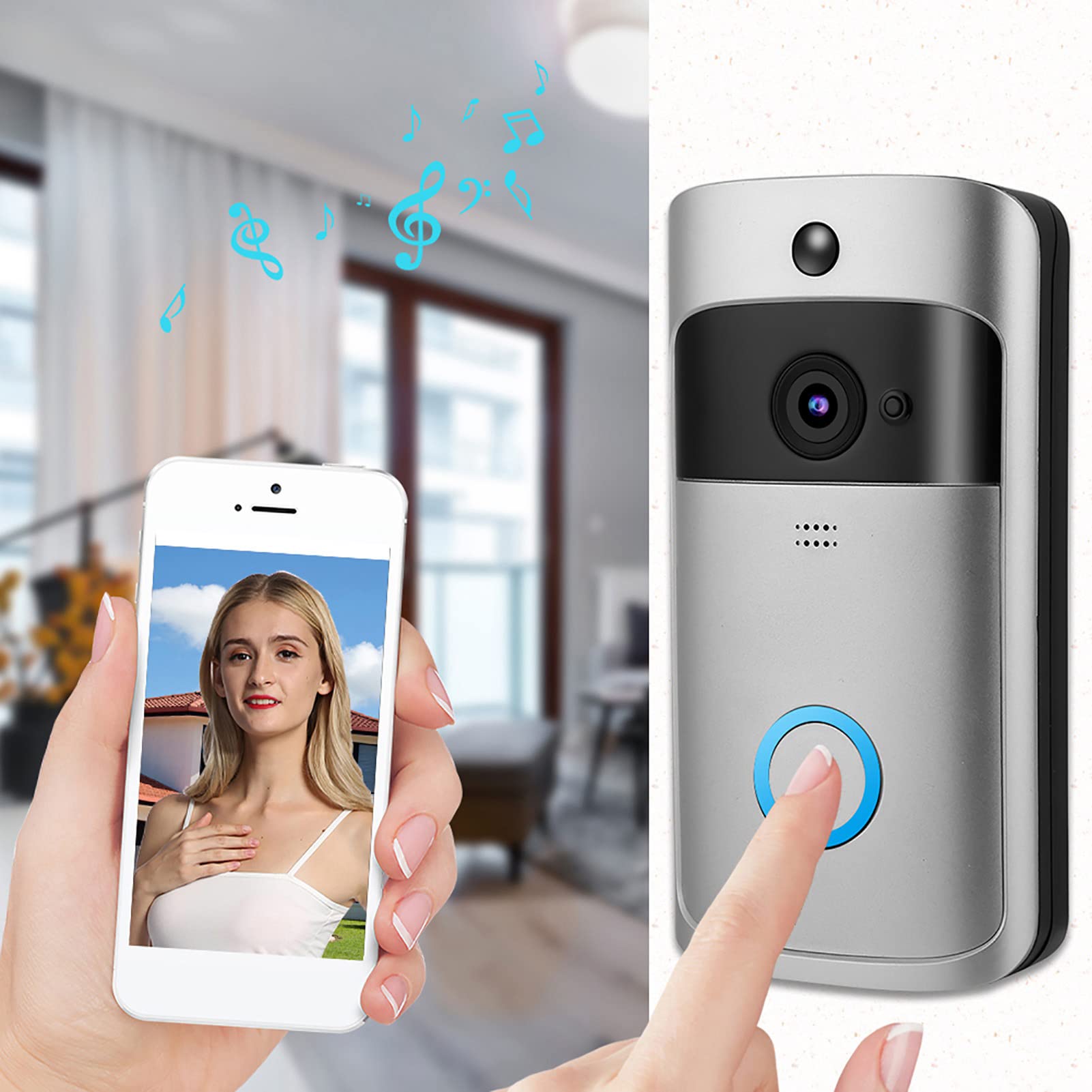 Focket Timbre de Vídeo, Cámara de Timbre Inalámbrico WiFi de 2,4 GHz con Audio de 2 Vías, Detección de Movimiento, Visión Nocturna, Timbre de la Batería, Alerta de la Aplicación, Timbre