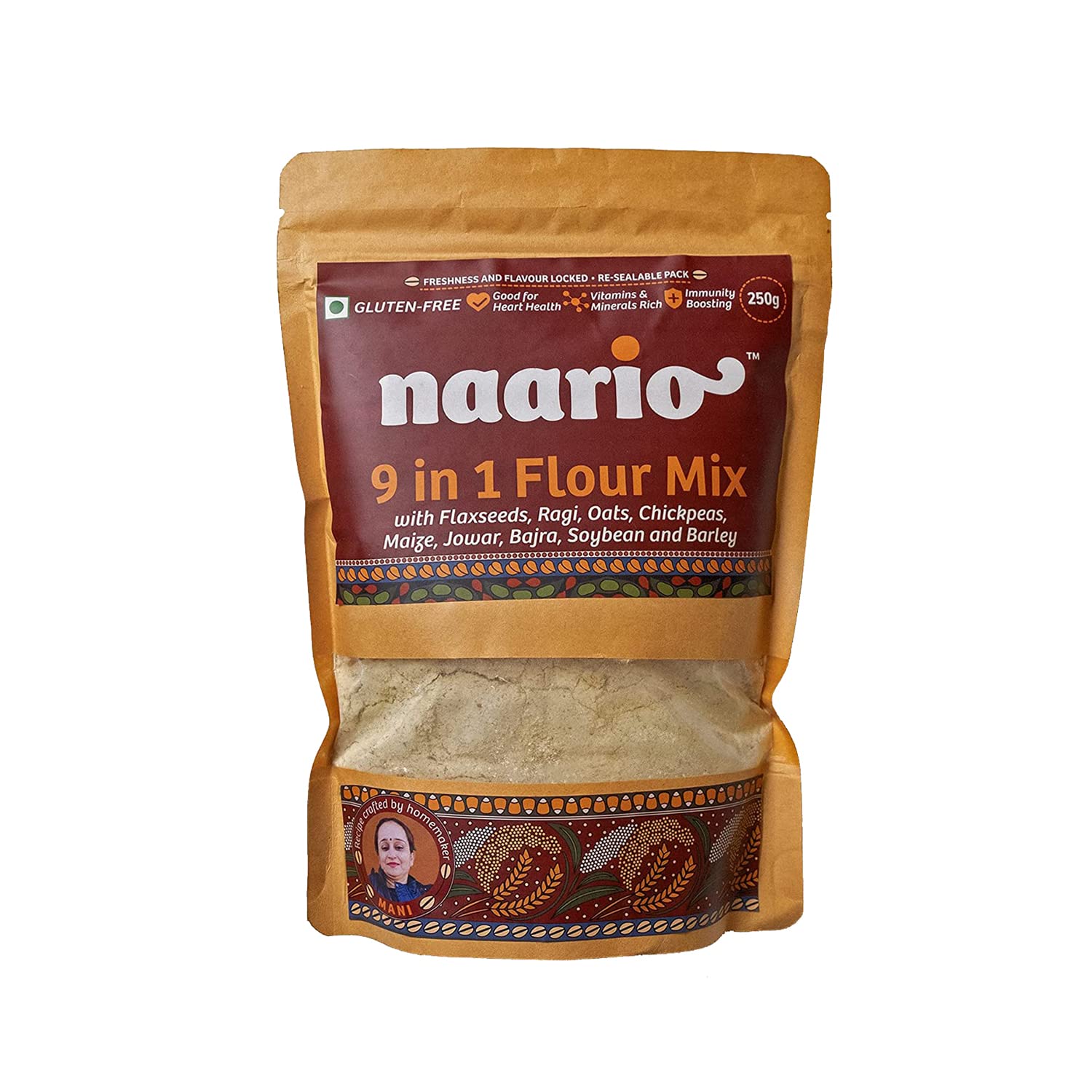 Naario Multigrain Atta | Low GI Atta for Diabetes & Weight Loss | High Fiber Flour with Ragi, Jowar, Oats, Barley, Flaxseeds, Chana | Healthy Millet Mix Atta (1 kg, Multigrain Atta without Wheat)
