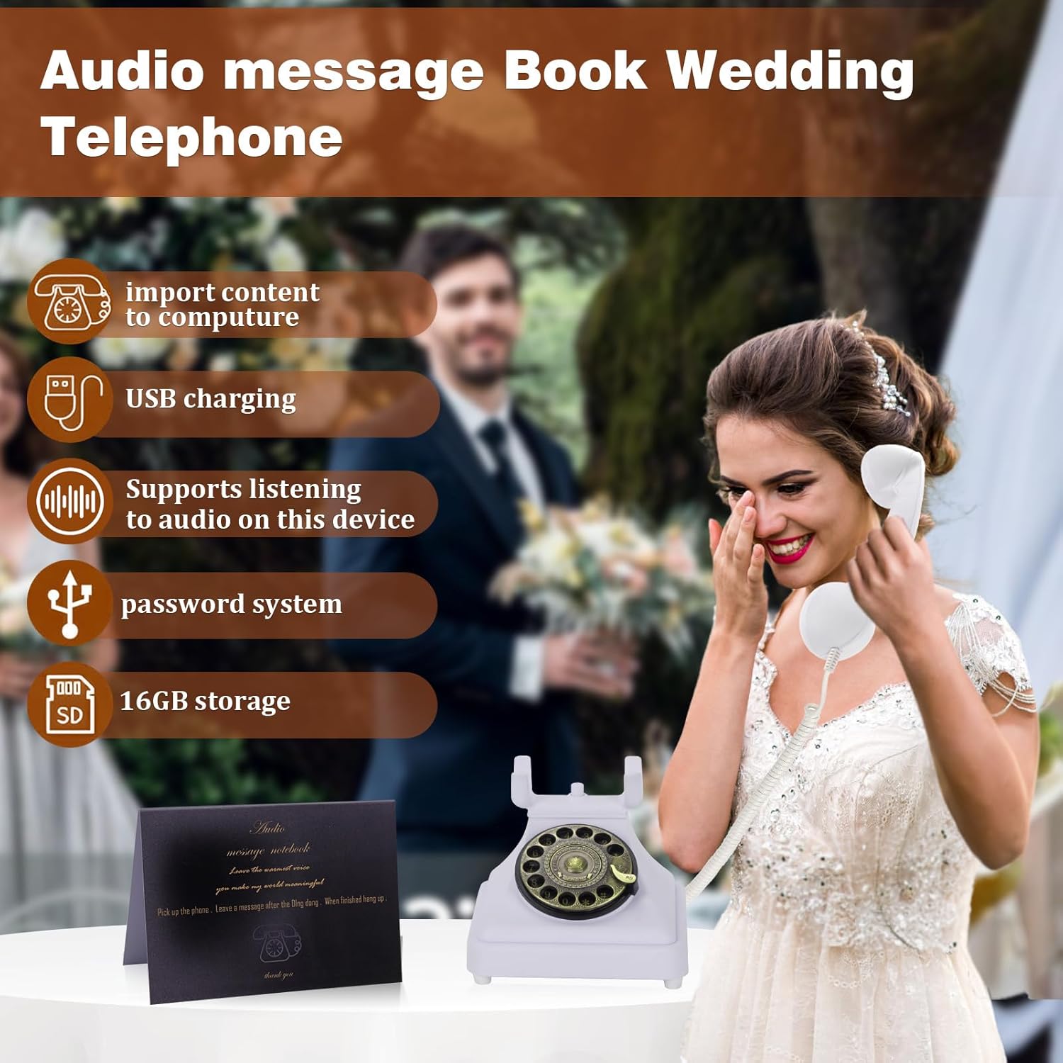 Audio Guest Book Telephone with Vintage Metal Turntable, Recording Phone Enabled, On-Device Playback & Password Protection, 16GB Storage, Ideal for Weddings, Events, Parties & Classroom Voice Messaging