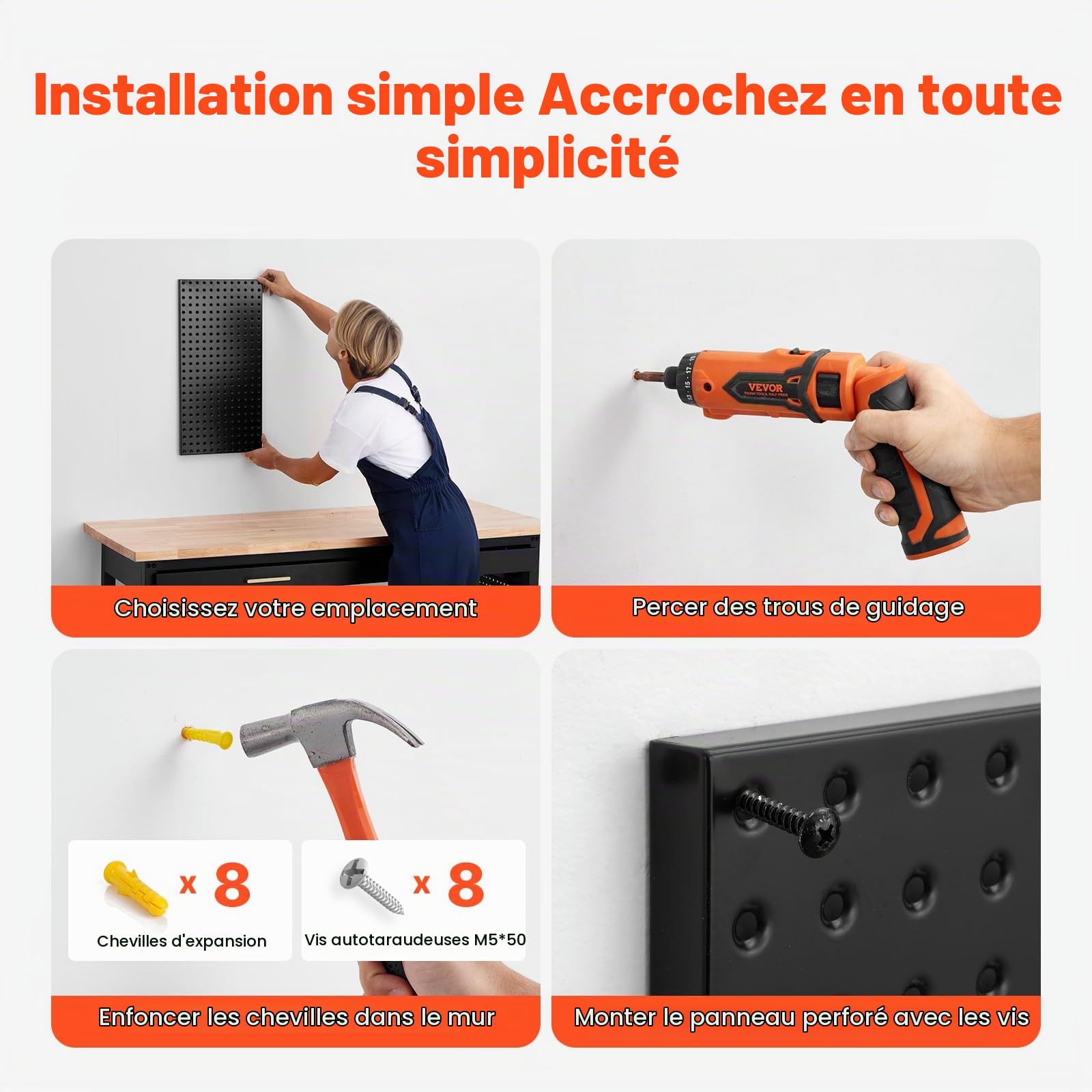 VEVOR Panneau Perforé Mural 812,8x406,4 mm Organiseur Garage en Métal Robuste avec 2 Panneaux Perforés, Kit Rangement d'Outils pour Bureau, Salle d'Artisanat, Cuisine, Maison, Entrepôt, Magasin, Noir