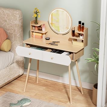 US Fast Arrival Small Vanity Desk with Mirror and Lights, Makeup Vanity Small Space with 2 Drawers and Opening Shelves, Bedroom Dressing Table, 3 Color Light Modes, Compact Vanities with Lights